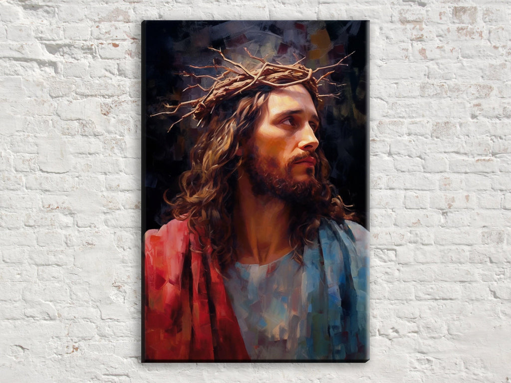 Jesus Christ Canvas Art – Large Canvas Painting with Crown of Thorns and Wood Frame