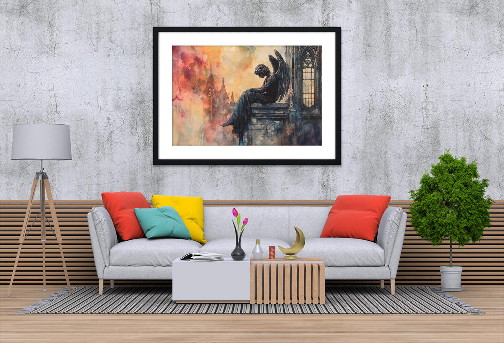 a modern living room with a gray sofa adorned with colorful pillows, a wooden coffee table, and a framed painting of an angel on the wall.