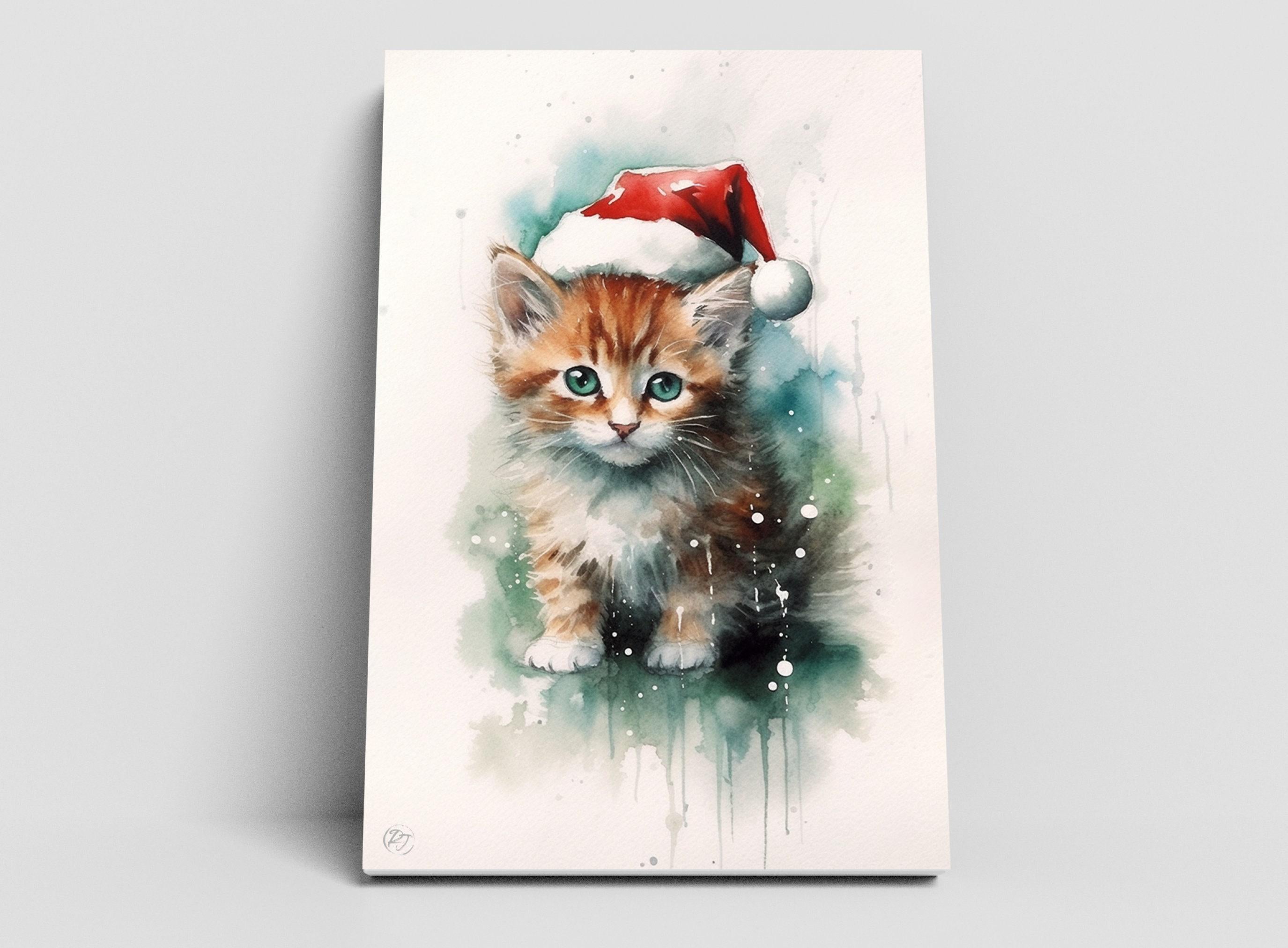 Festive Kitten in Santa Hat Watercolor Art Print, Giclee Print on Canvas, Artist Paper, Watercolor Paper, Available in Extra Large Sizes