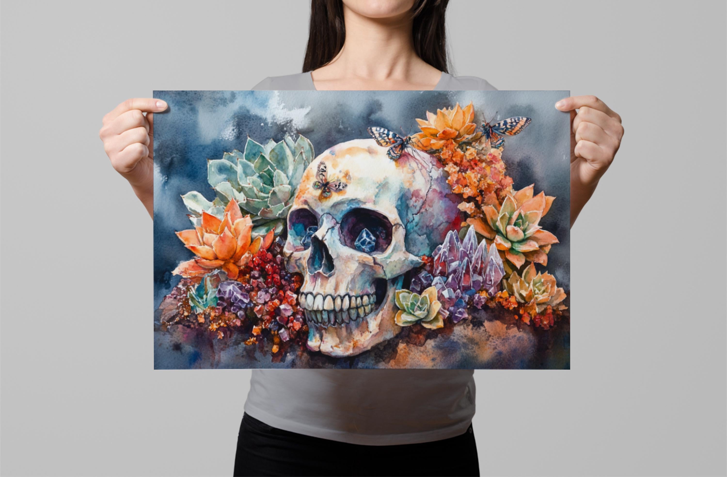 A woman holds up a framed painting depicting a skull surrounded by a vibrant array of flowers and butterflies.