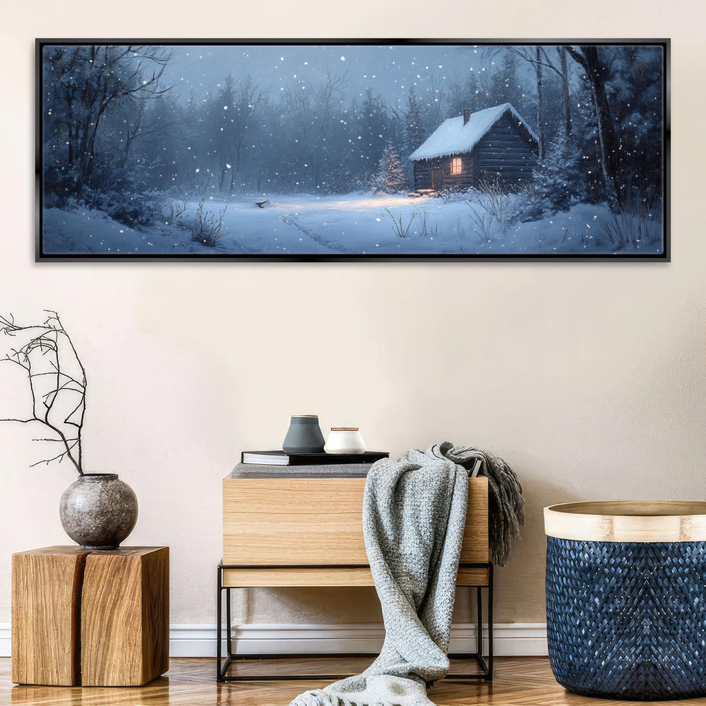 a painting of a cabin in a snowy forest