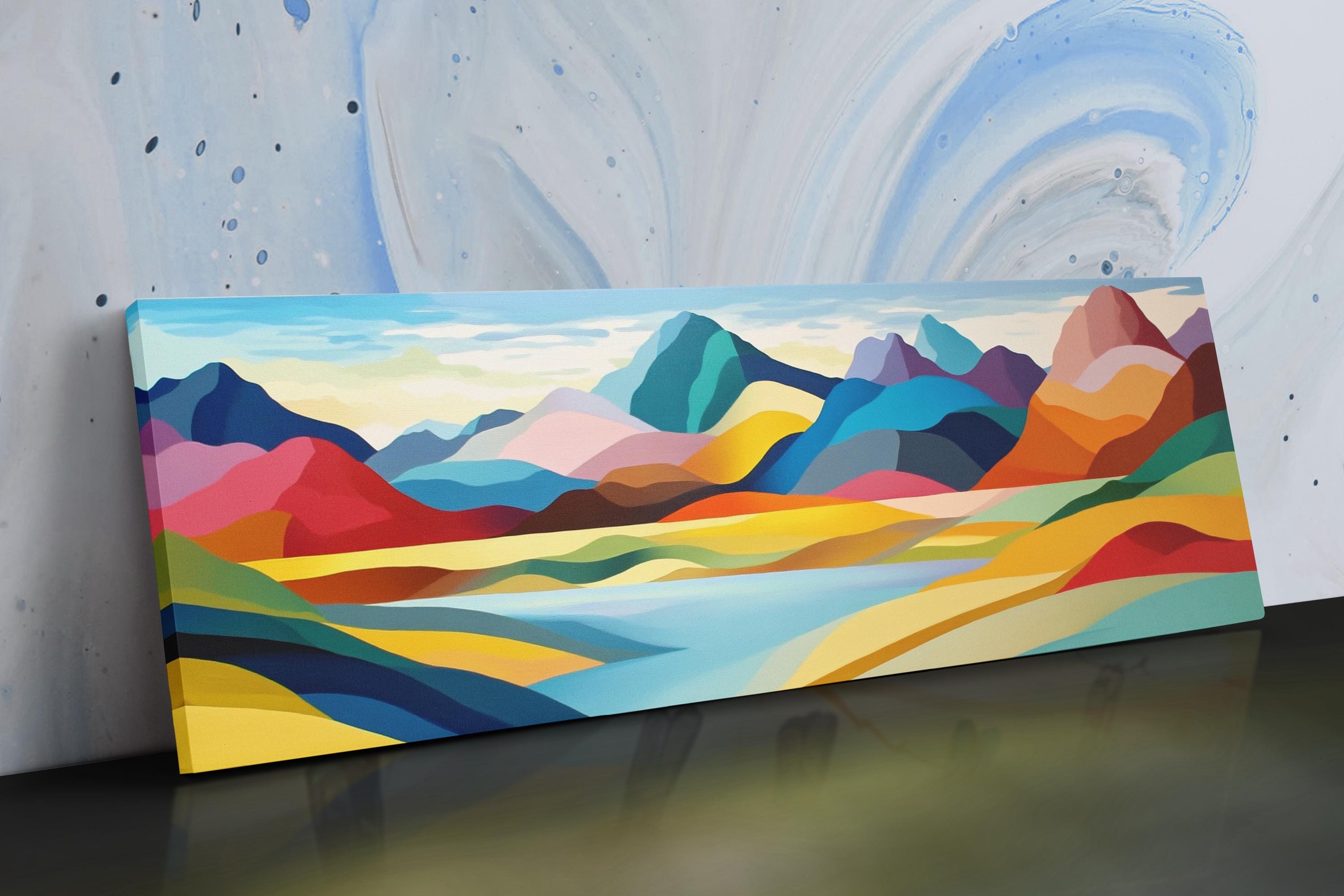 a painting of a mountain range with a blue sky in the background