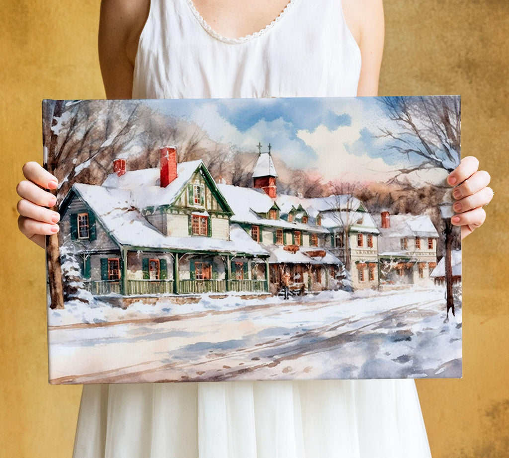 Traditional Christmas Scene Watercolor Art - Snowy Winter, Print on Canvas, Artist Paper, Watercolor Paper, Available in Extra Large Sizes