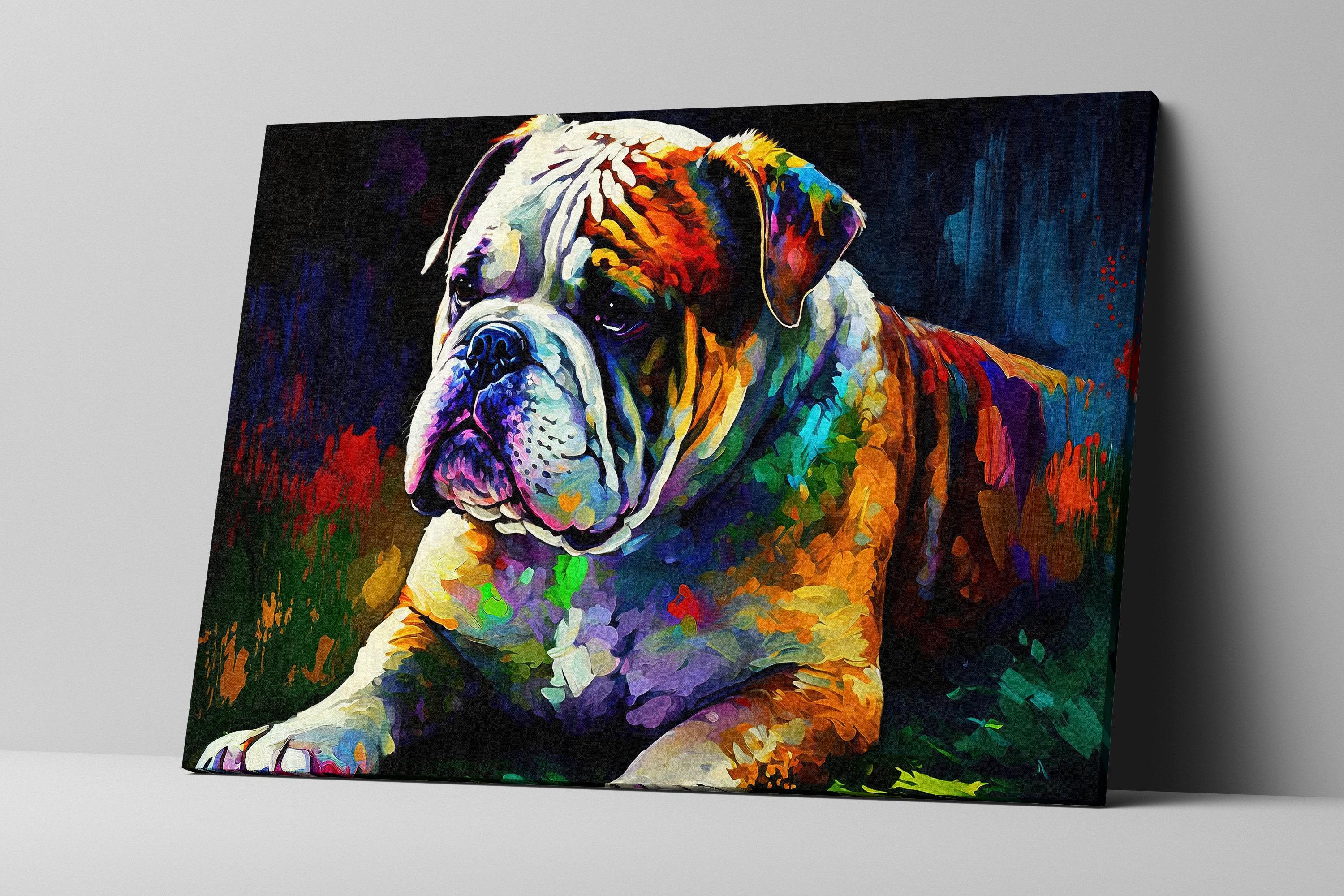 A vibrant, colorful painting of a bulldog, with bold brushstrokes and a lively color palette.