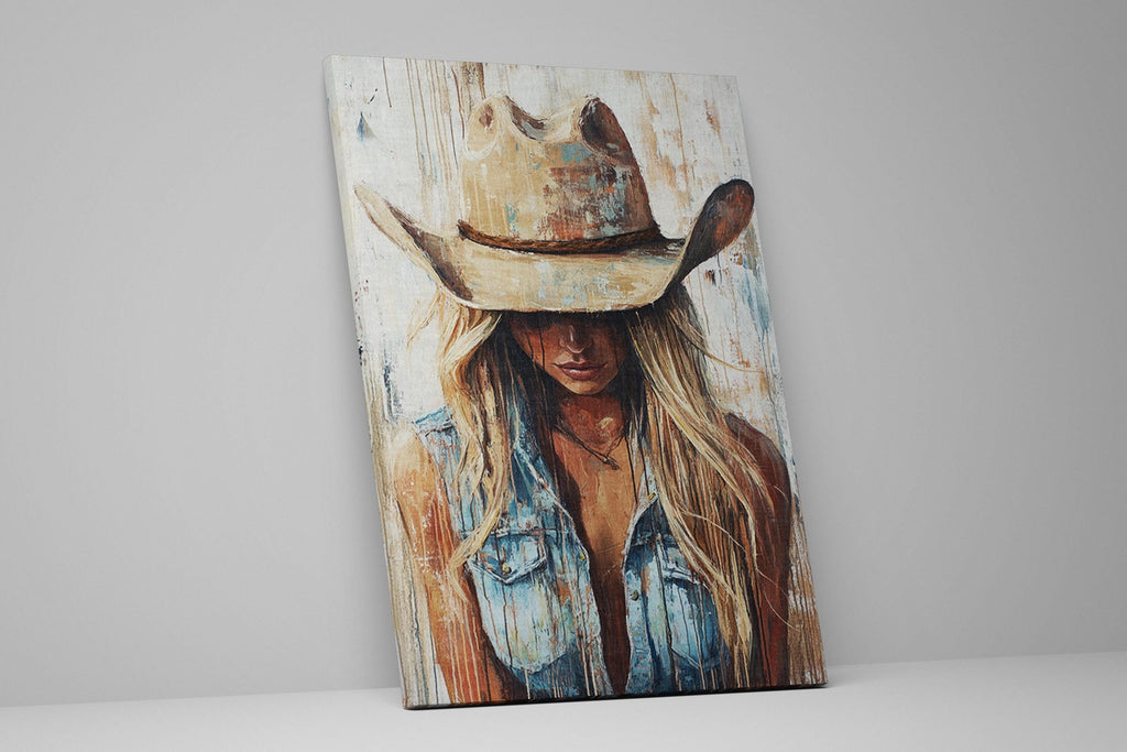 a painting of a woman wearing a cowboy hat