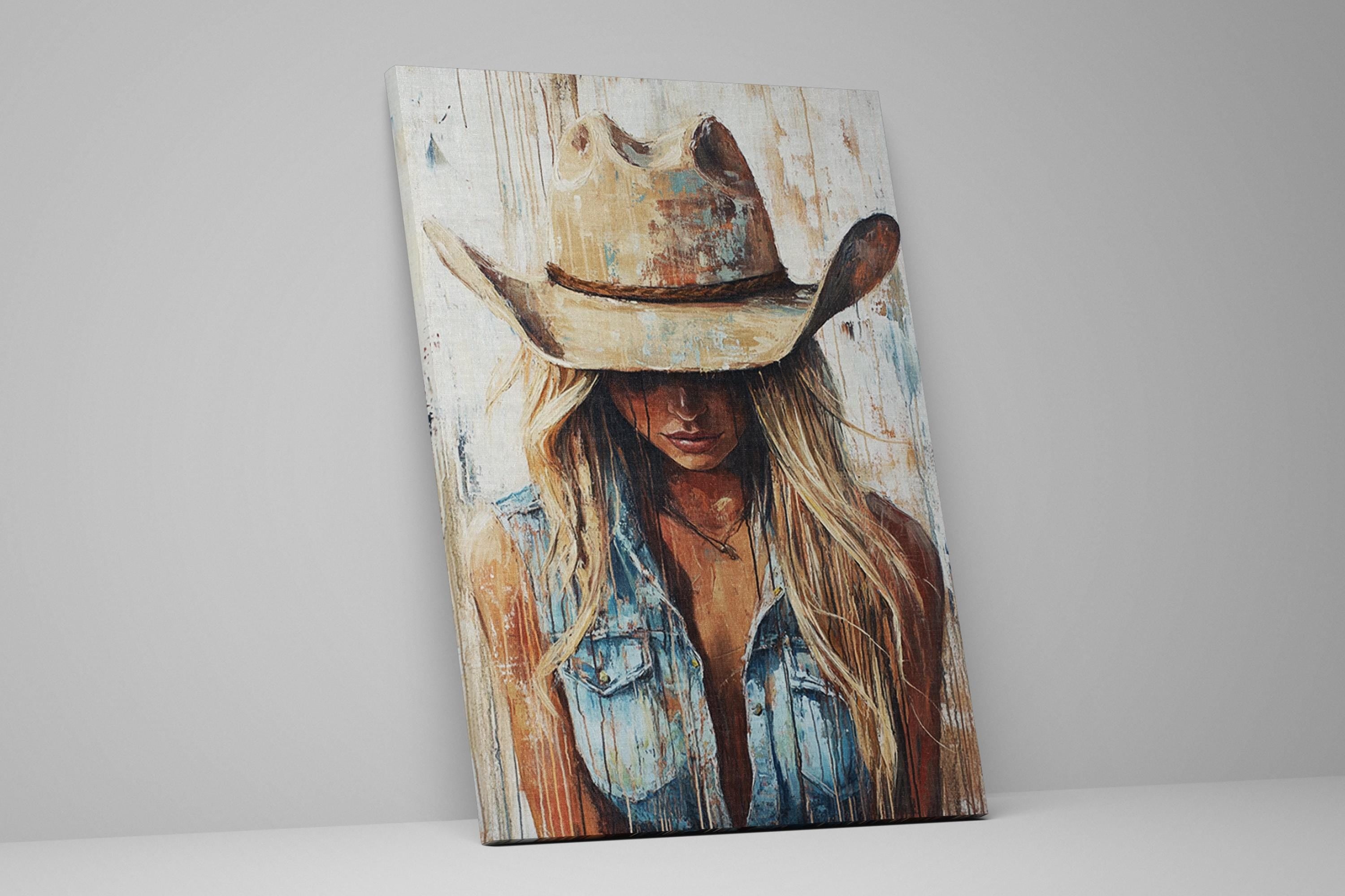 a painting of a woman wearing a cowboy hat