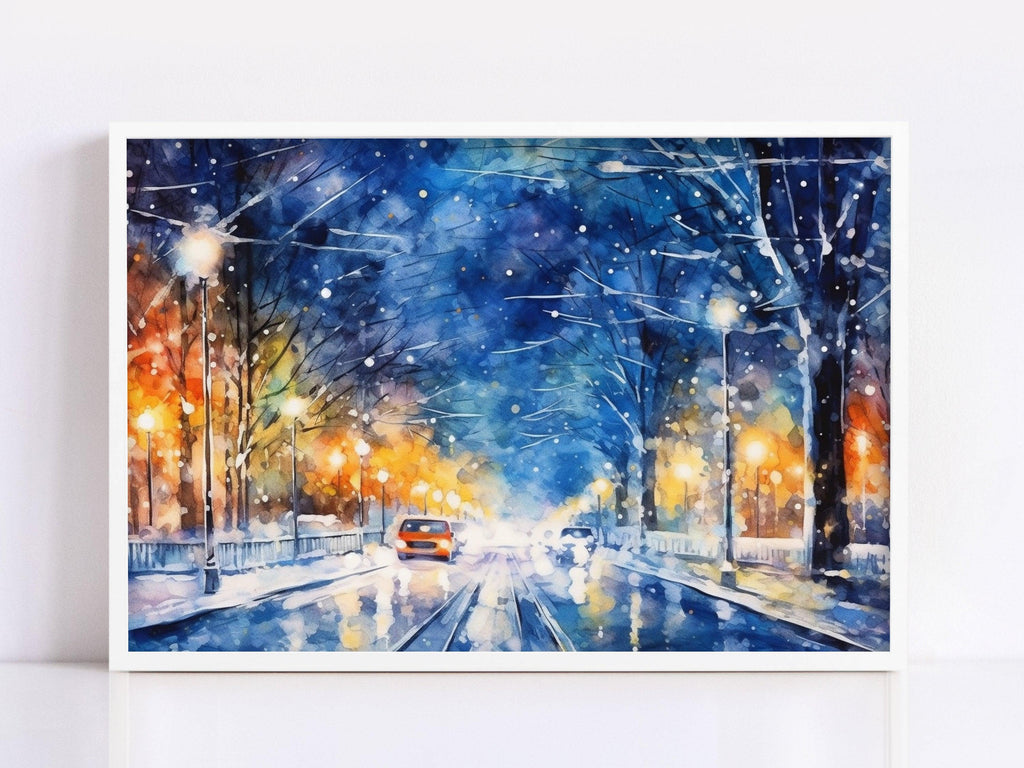 Enchanting Winter Scene Watercolor Wall Art, Giclee Print on Canvas, Artist Paper, Watercolor Paper, Available in Extra Large Sizes