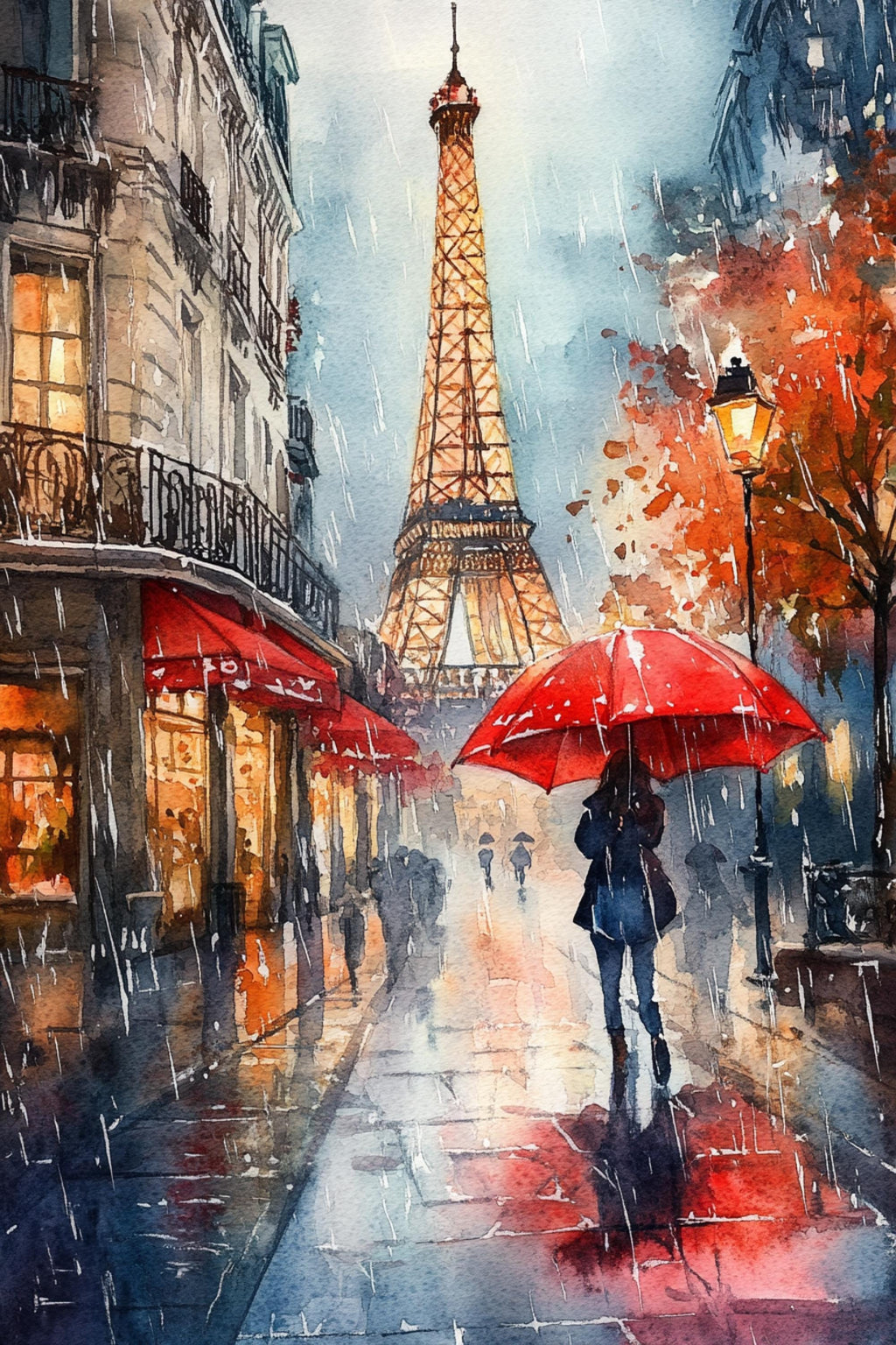 A woman walks down a rainy street in Paris, holding a red umbrella, with the iconic Eiffel Tower visible in the background.