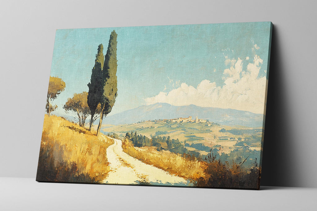 a painting of a dirt road with trees on the side