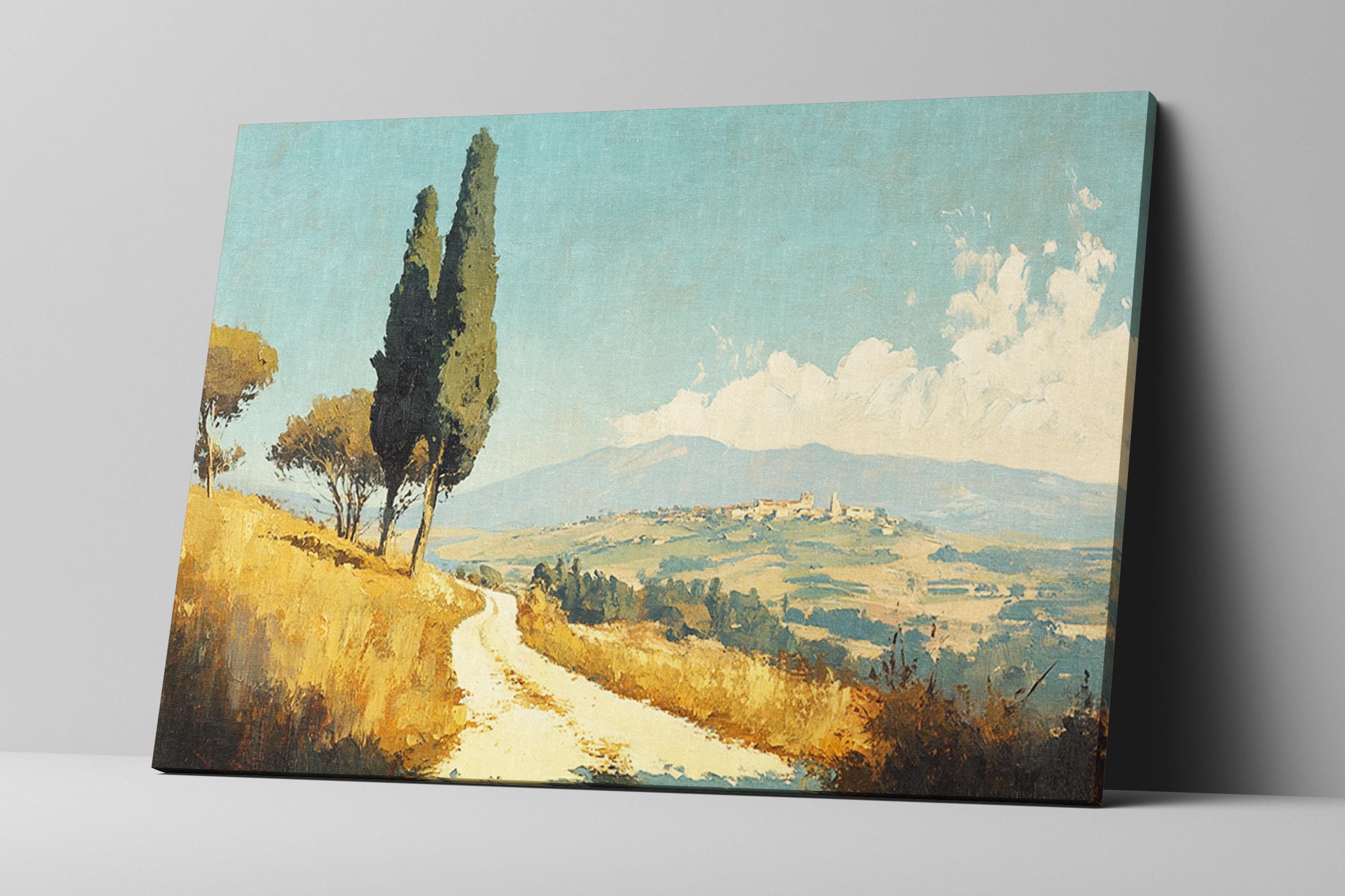 a painting of a dirt road with trees on the side