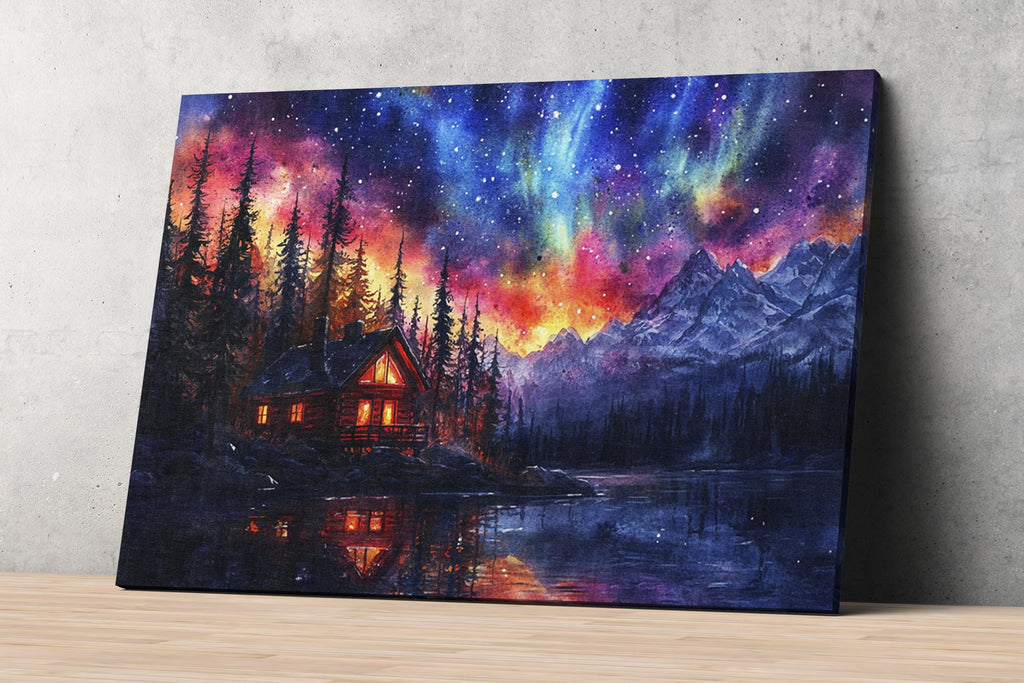 a serene cabin nestled in a forest, with a lake reflecting the vibrant colors of the night sky above.