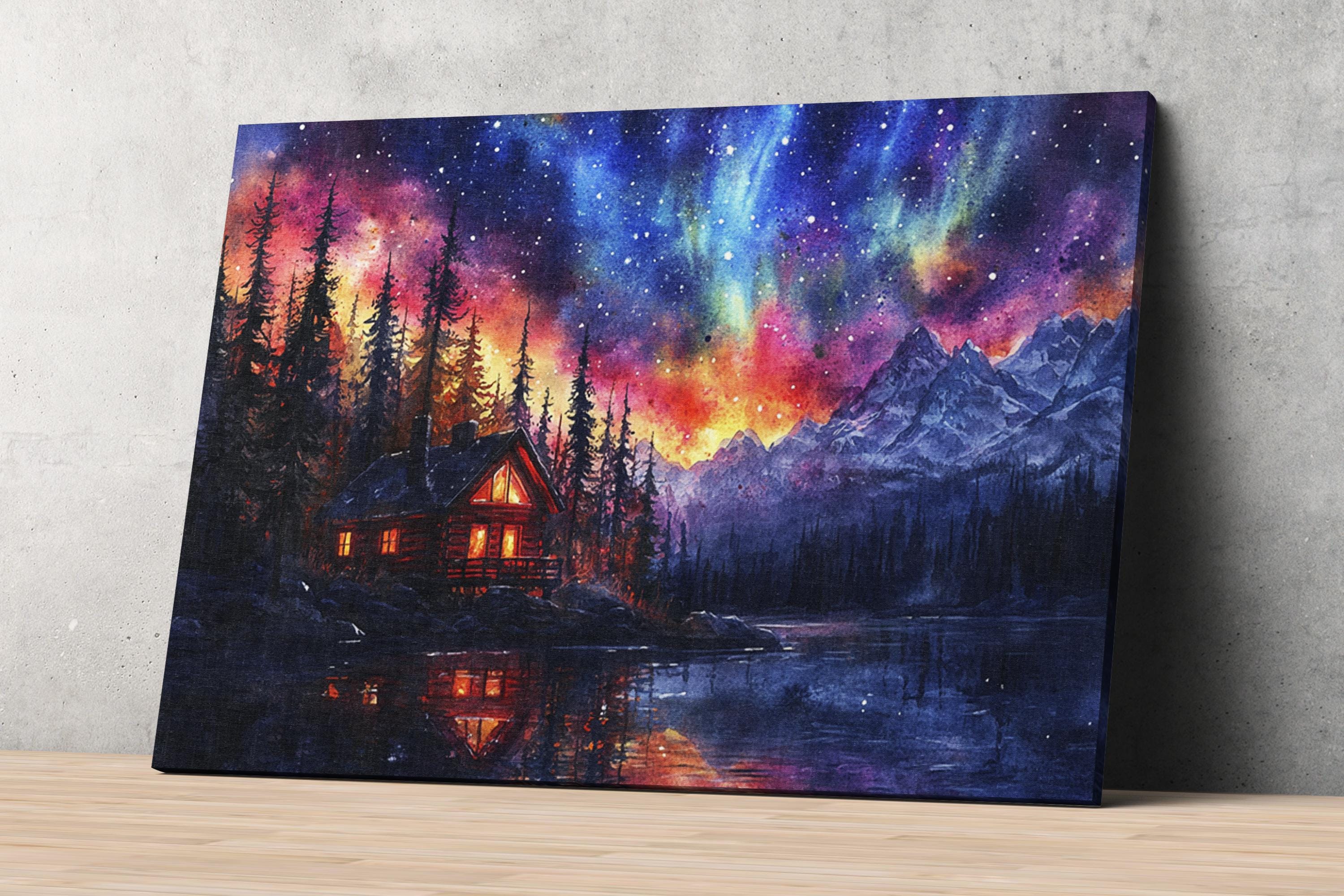 a serene cabin nestled in a forest, with a lake reflecting the vibrant colors of the night sky above.