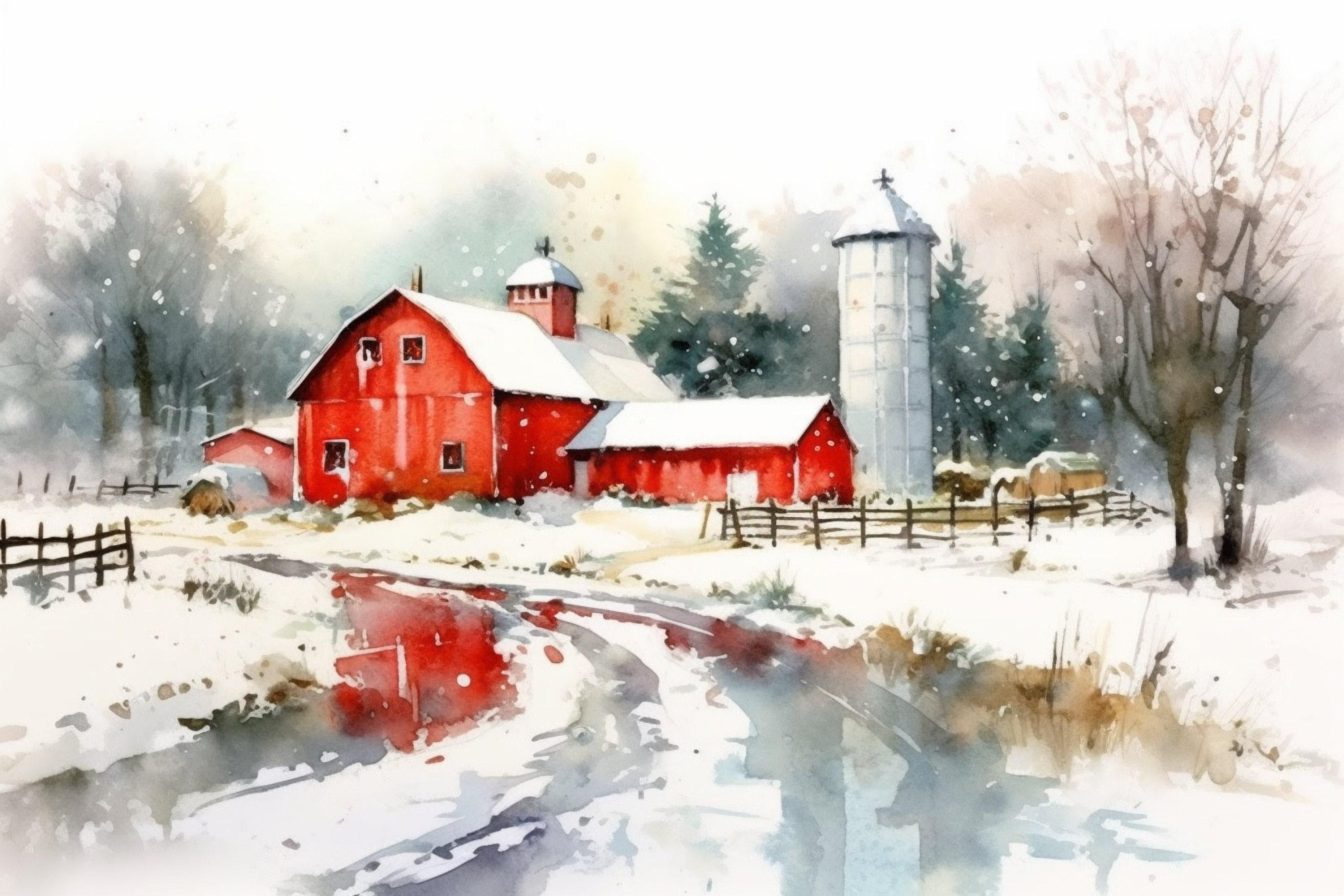 Rural Christmas Watercolor - Festive Farmhouse Art, Giclee Print on Canvas, Artist Paper, Watercolor Paper, Available in Extra Large Sizes