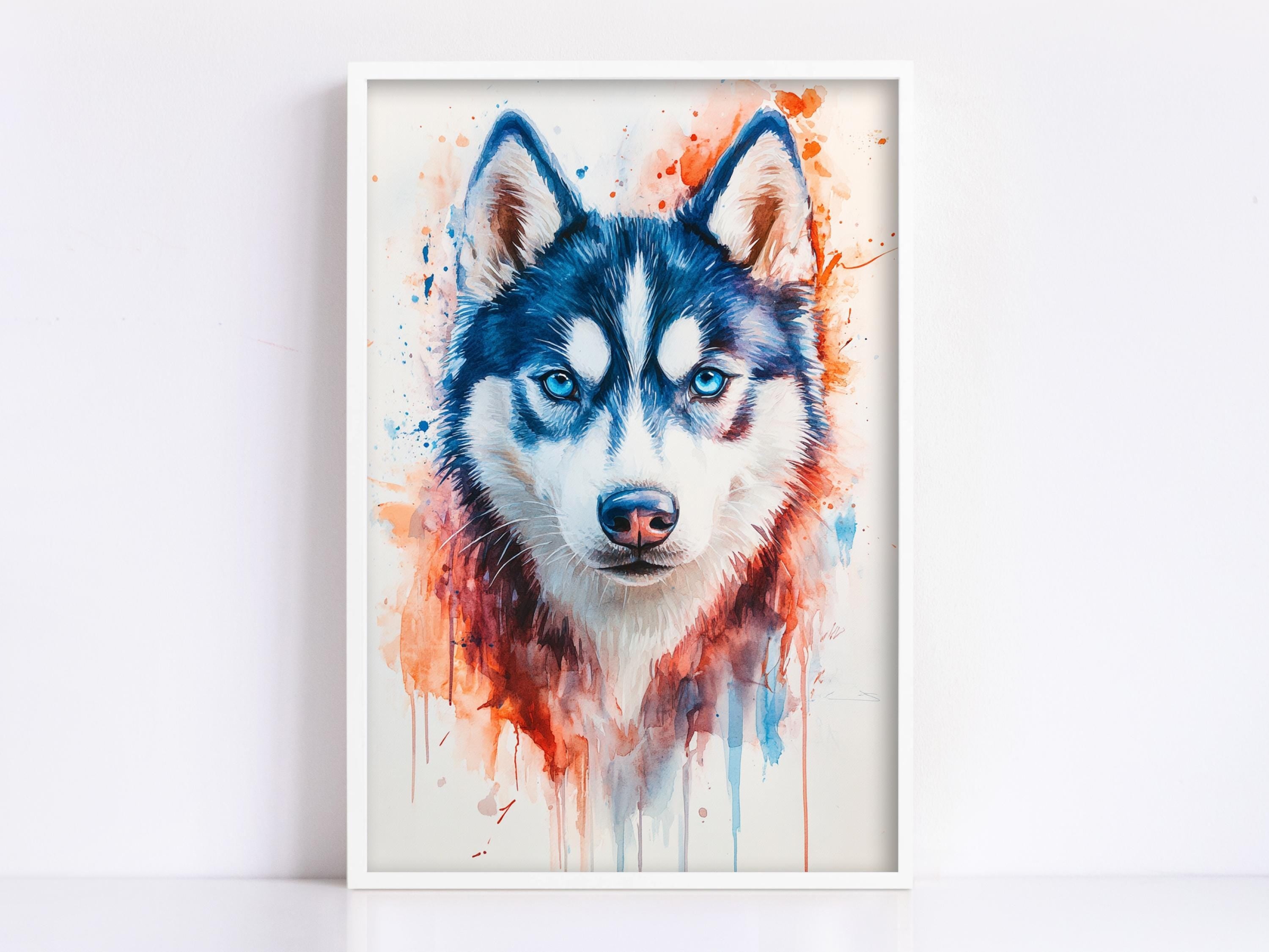A framed painting of a husky dog with striking blue and white fur and piercing blue eyes, set against a background of vibrant splashes of color.