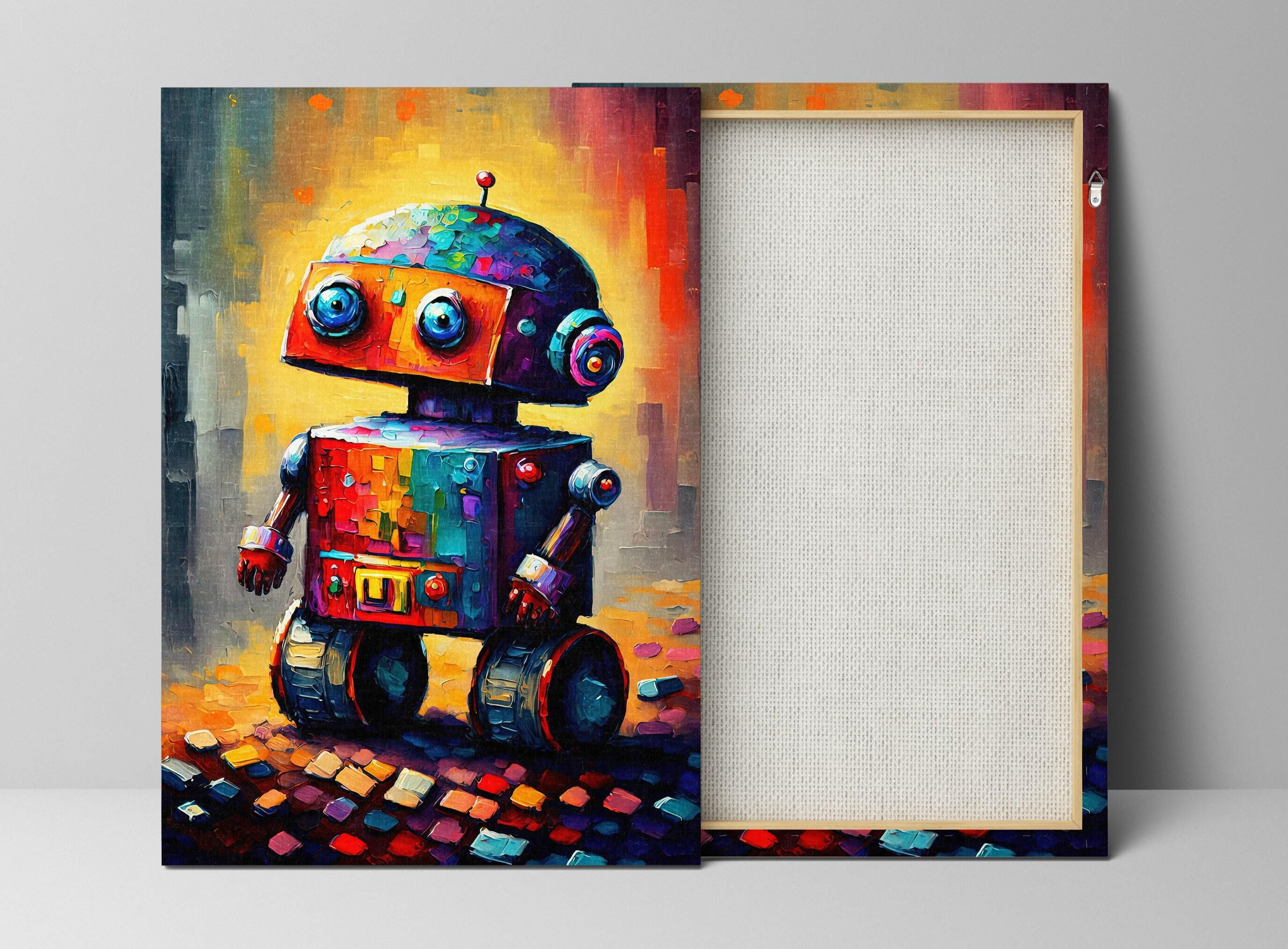 Kids Robot Wall Art - Colorful Robot Art Print on Lightweight Stretched Canvas