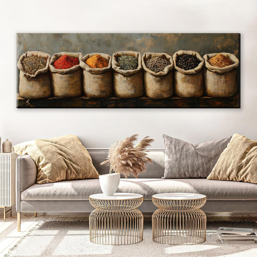 a living room with a couch and a painting on the wall