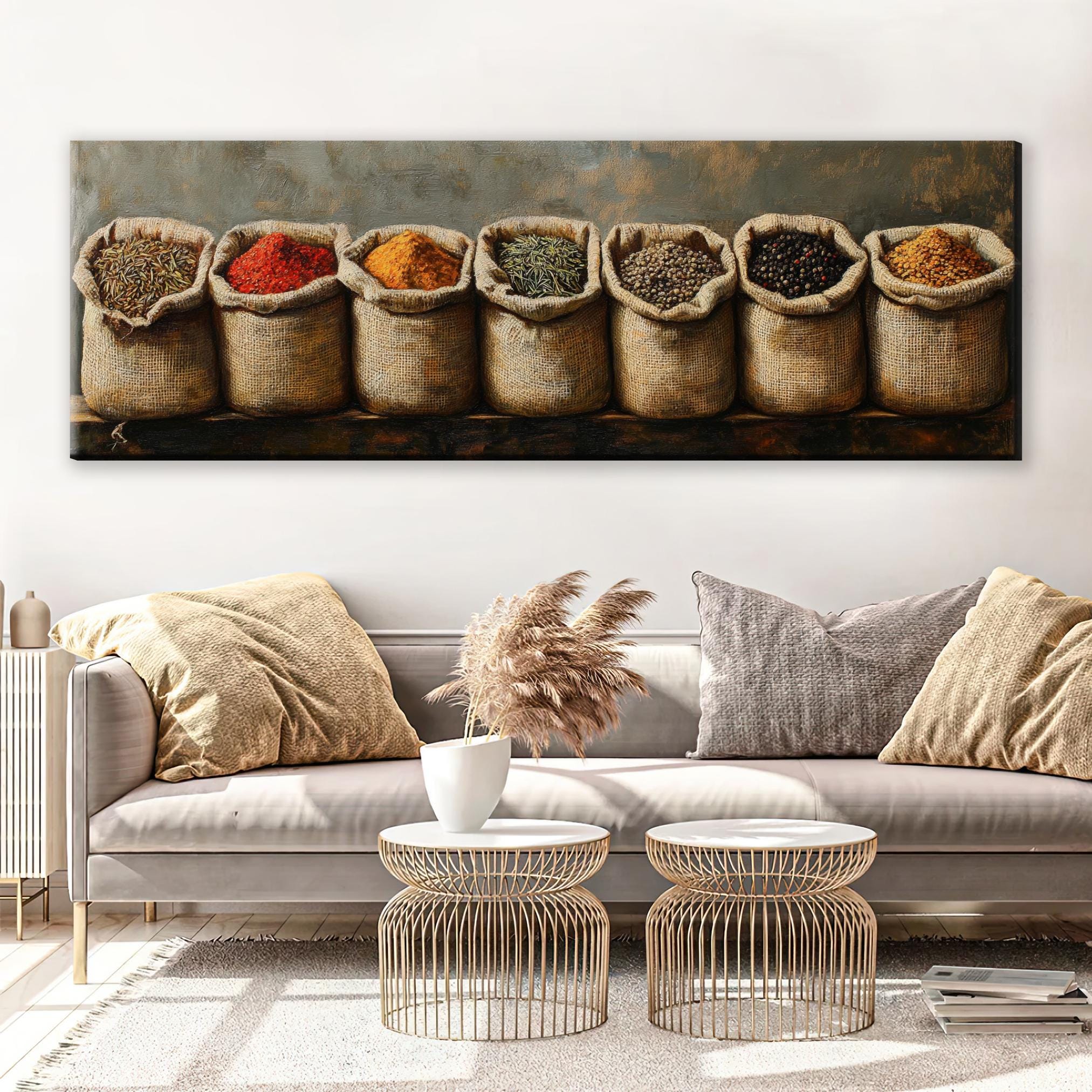 a living room with a couch and a painting on the wall
