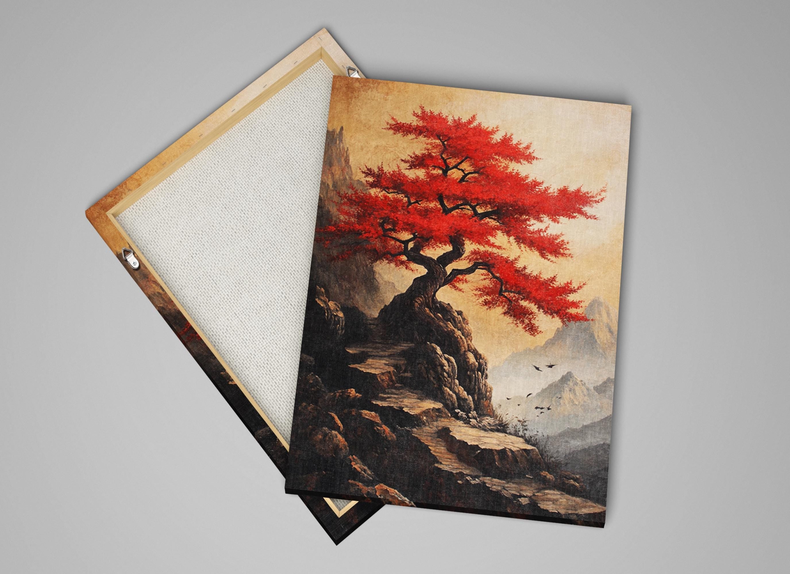 a painting of a red tree on a gray background