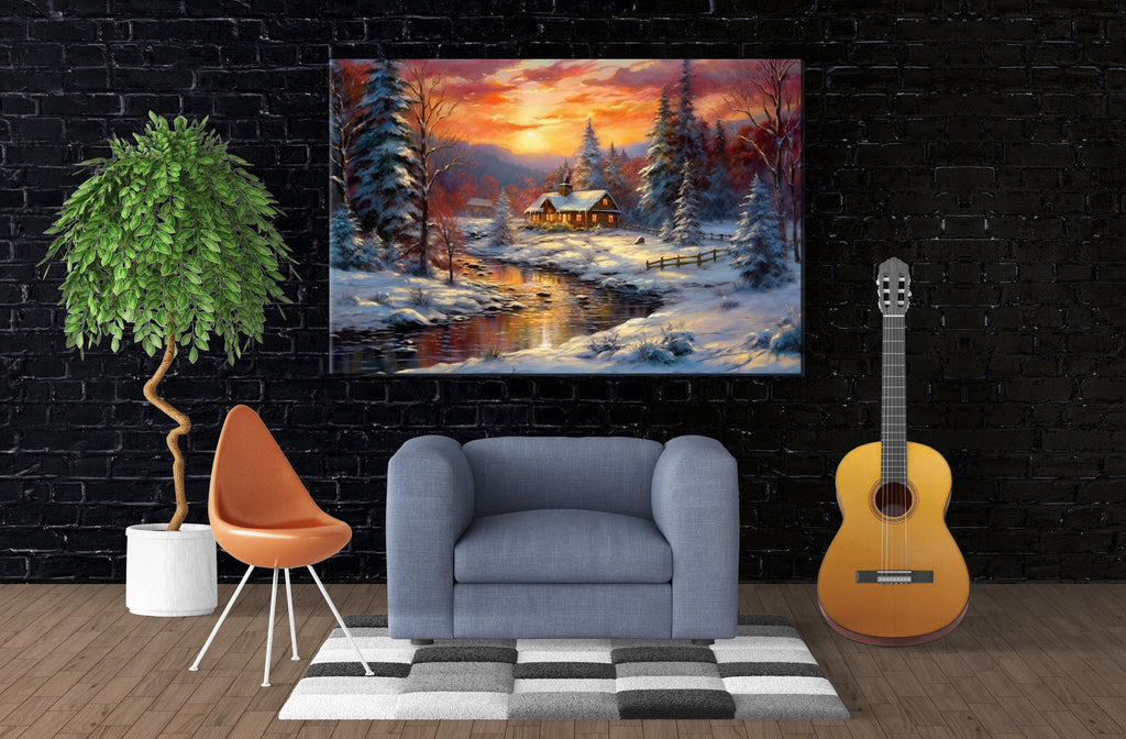 Winter Cabin Canvas | Vintage Oil Painting Rustic Winter Landscape Art - Gallery Wrapped