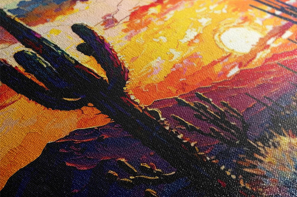 The image is a vibrant, colorful painting depicting a desert landscape with a cactus in the foreground. The painting features a warm, fiery sunset in the background, creating a striking contrast with the dark silhouette of the cactus.