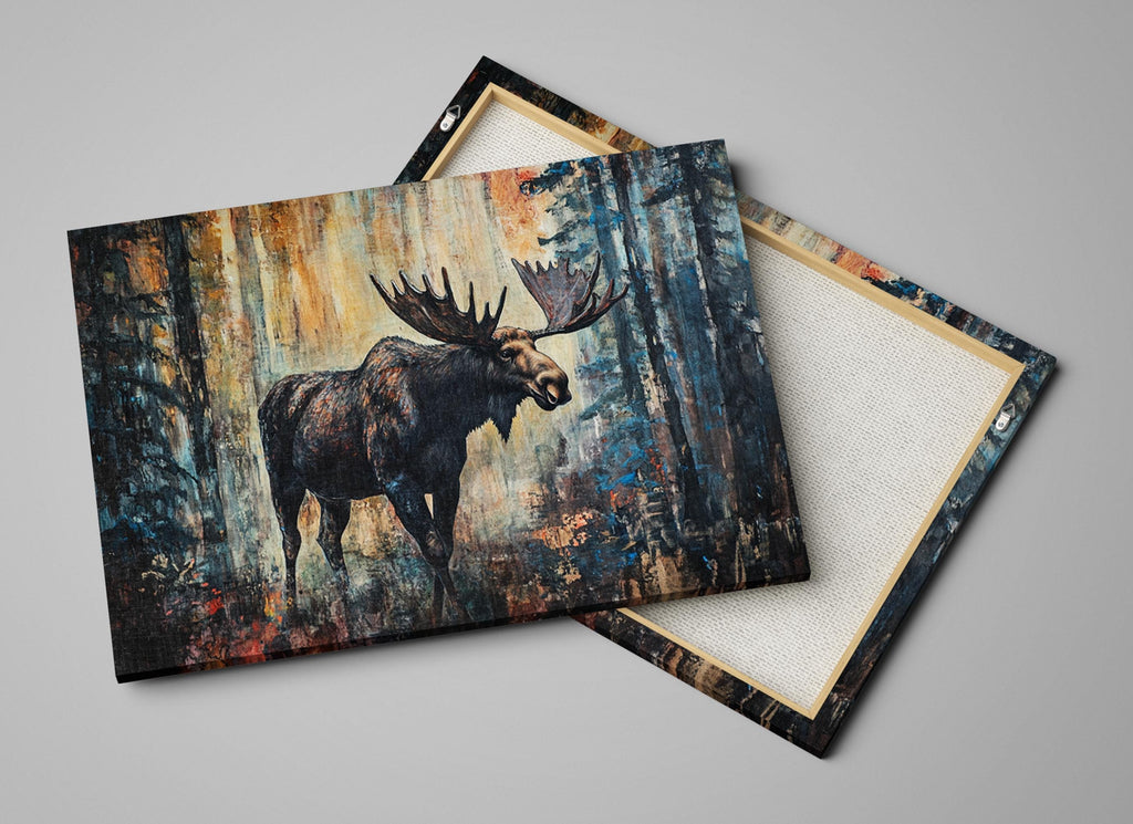a painting of a moose in a forest