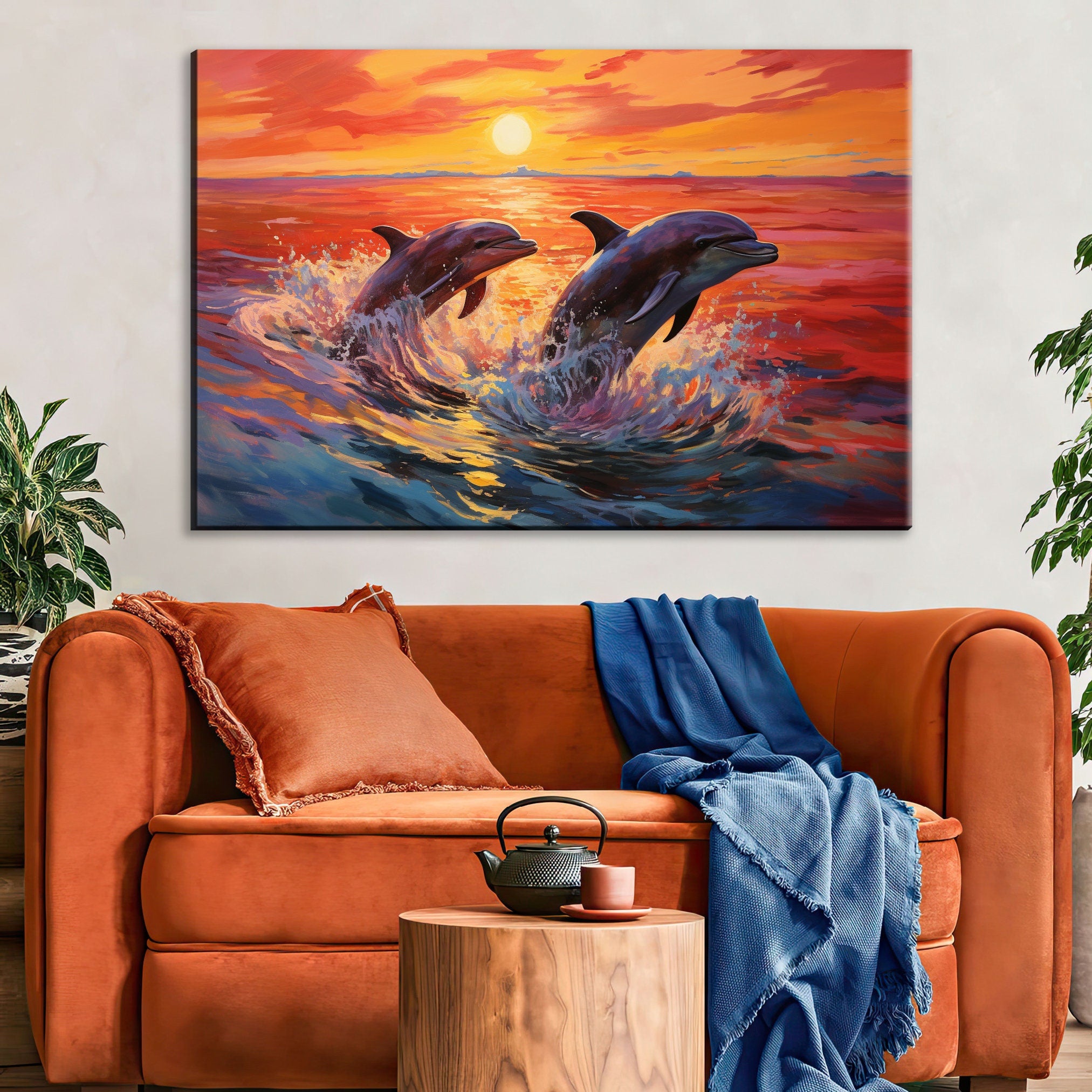 Dolphin Canvas Art – Large Ocean Wall Art | Pair of Dolphins, UV Coated Gallery Print
