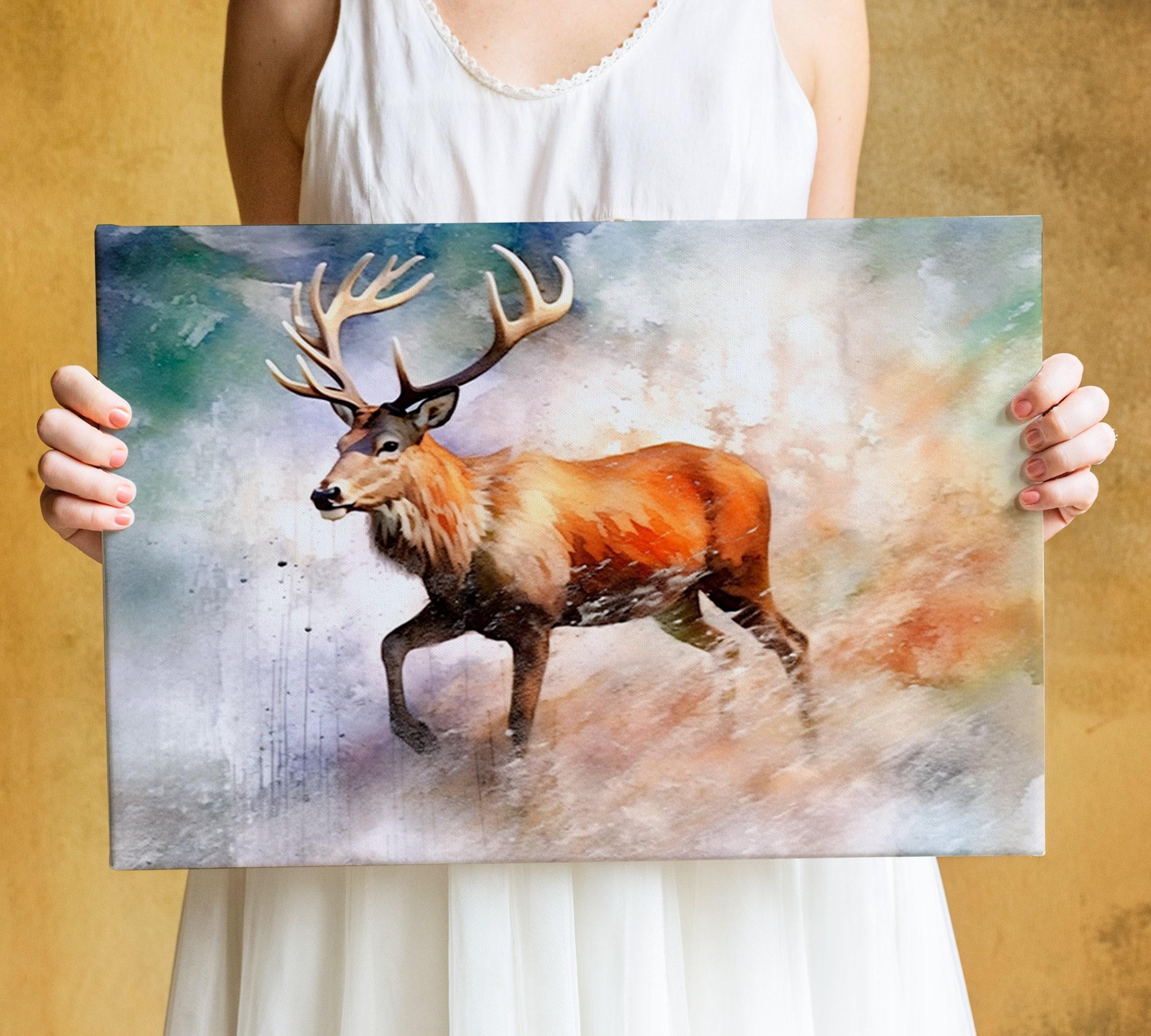 Graceful Reindeer Watercolor - Holiday Wall Decor, Giclee Print on Canvas, Artist Paper, Watercolor Paper, Available in Extra Large Sizes