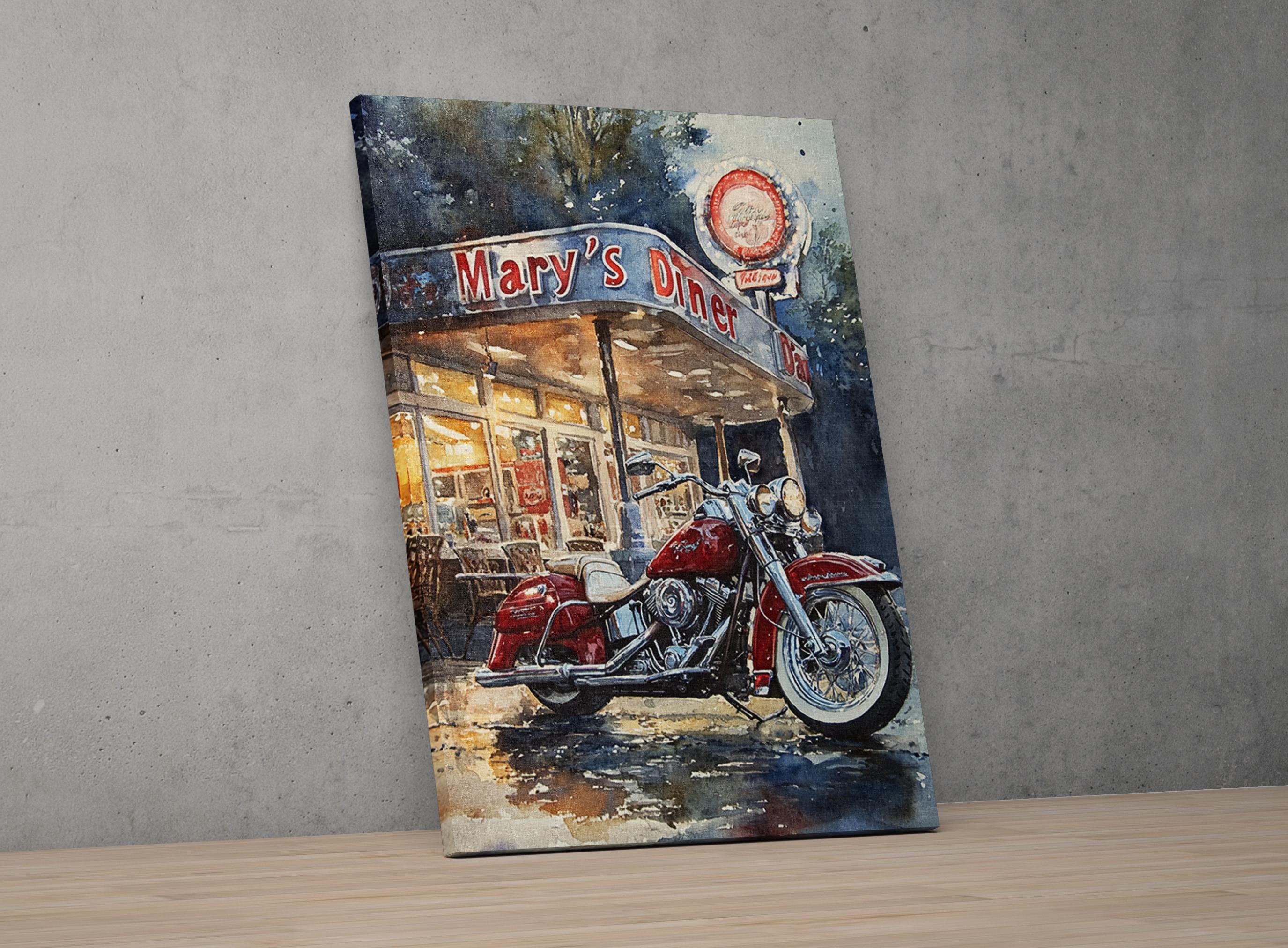 A red motorcycle parked in front of a restaurant called "Mary's Diner" with a neon sign above it.