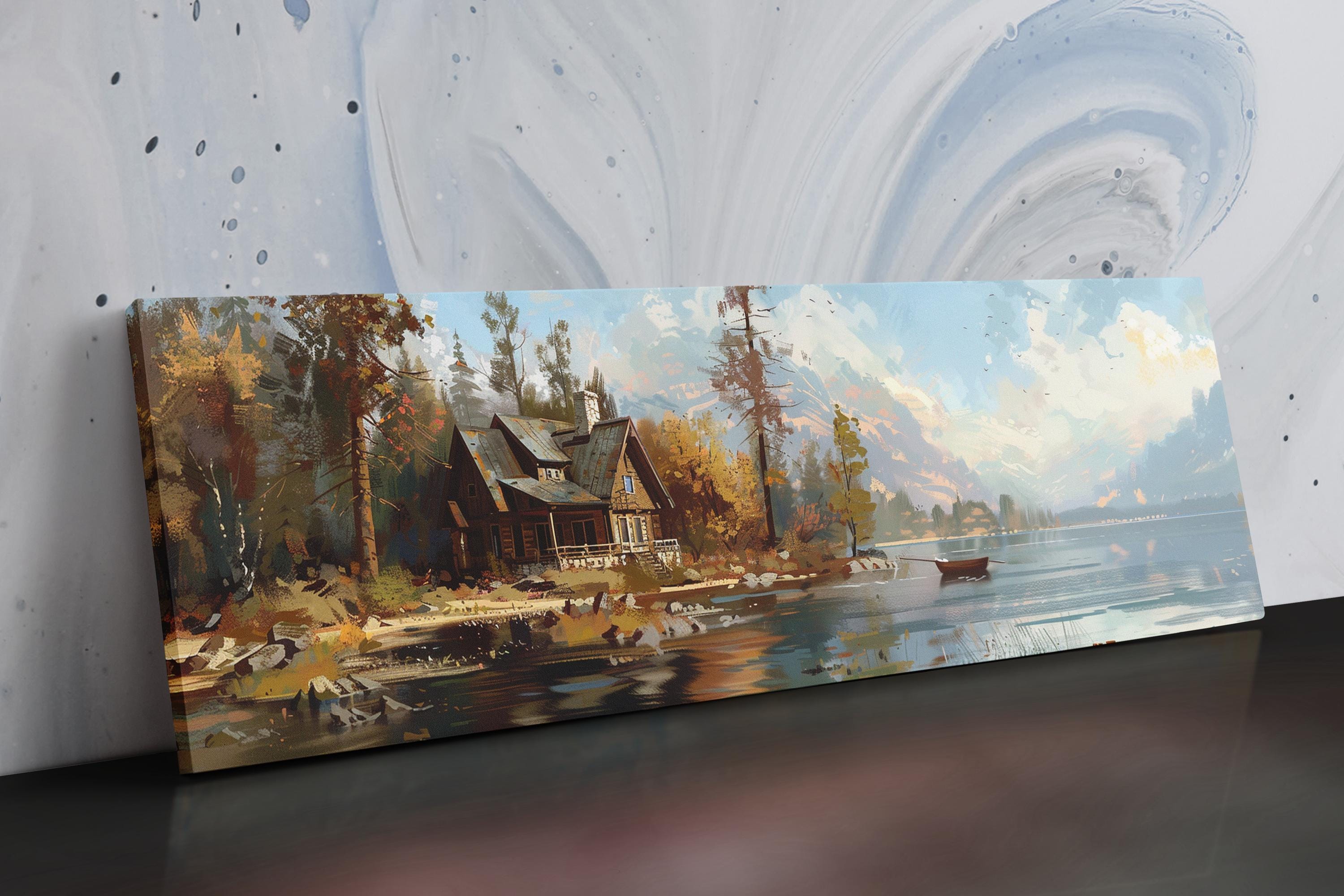 a painting of a cabin by a lake