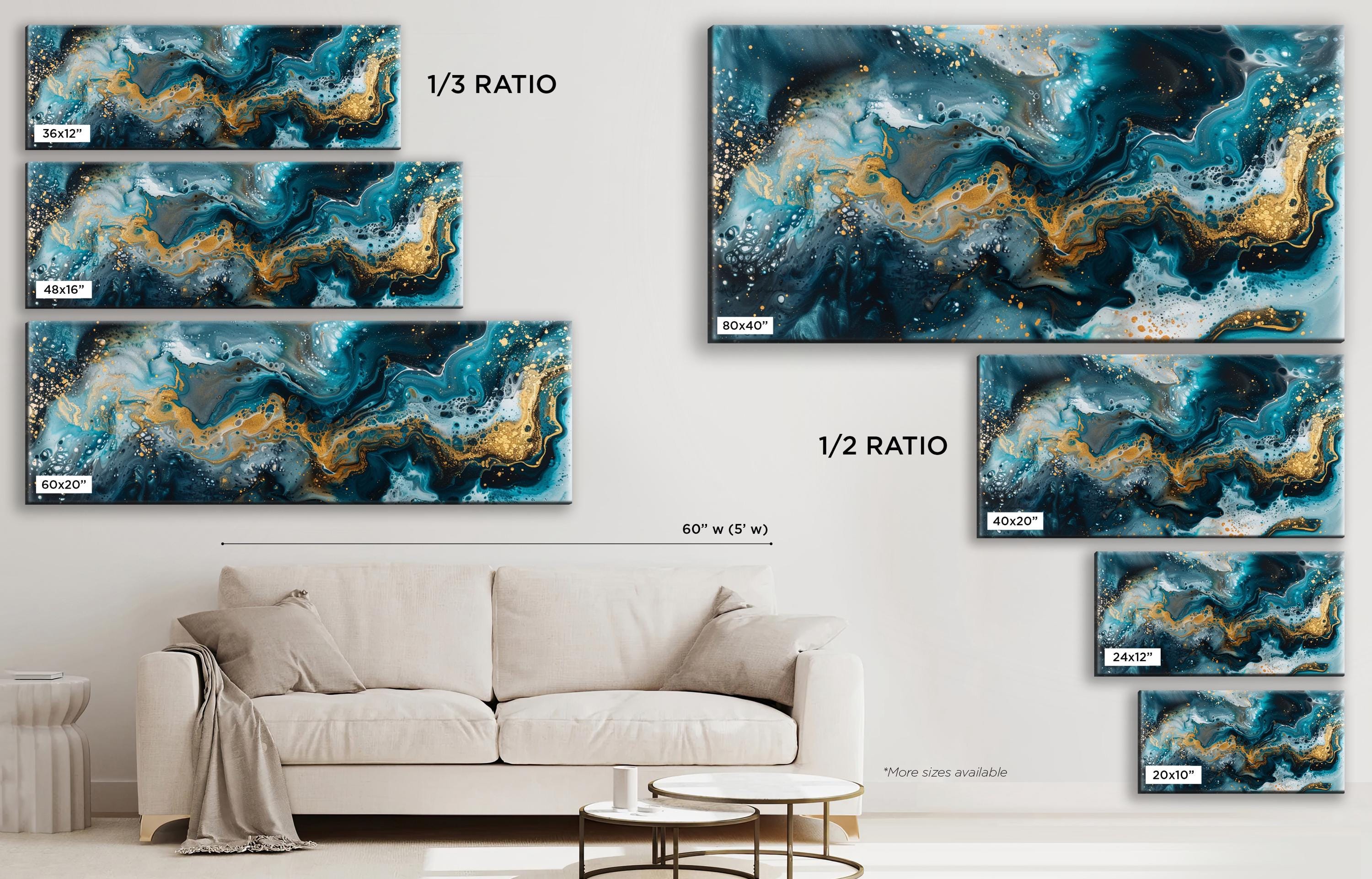 a living room with a couch and paintings on the wall