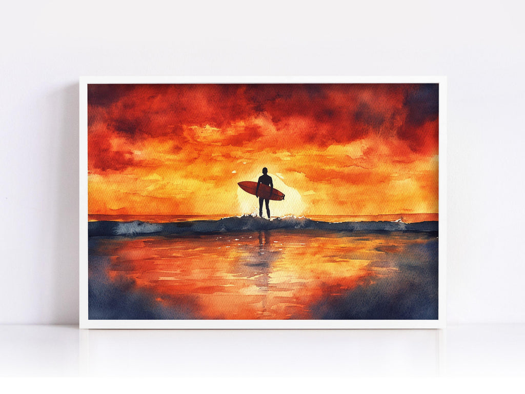 A watercolor painting depicting a surfer standing on a beach, silhouetted against a vibrant sunset sky.