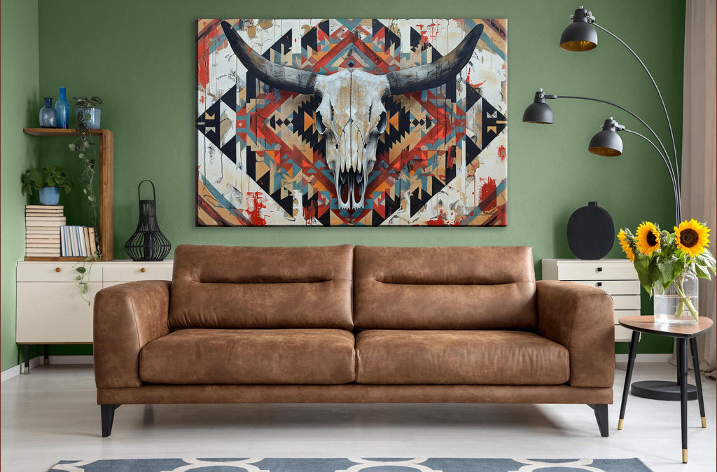 Cow Skull Wall Decor – Extra Large Canvas Art | Tribal Skull Canvas Ready to Hang