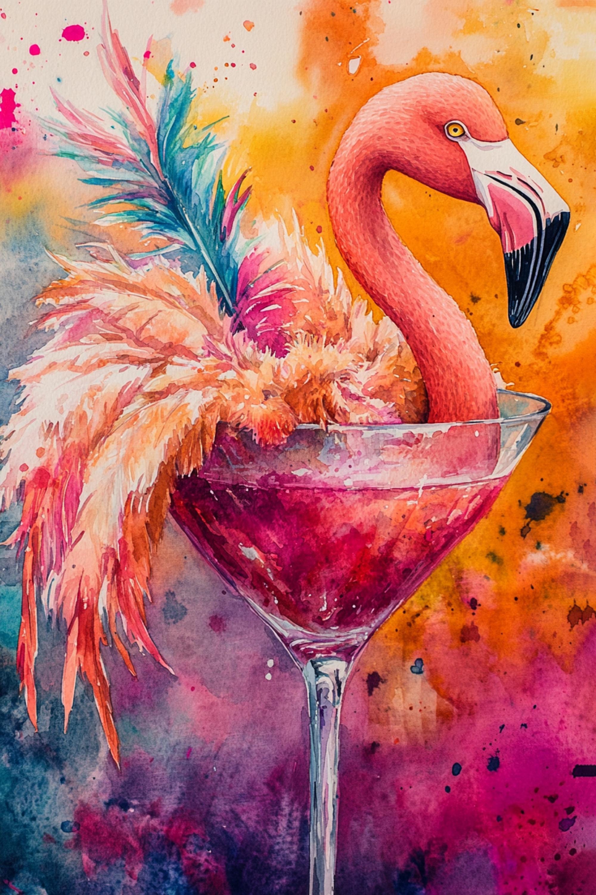 A vibrant painting depicting a flamingo standing in a martini glass, with a colorful background of orange, pink, and purple hues.