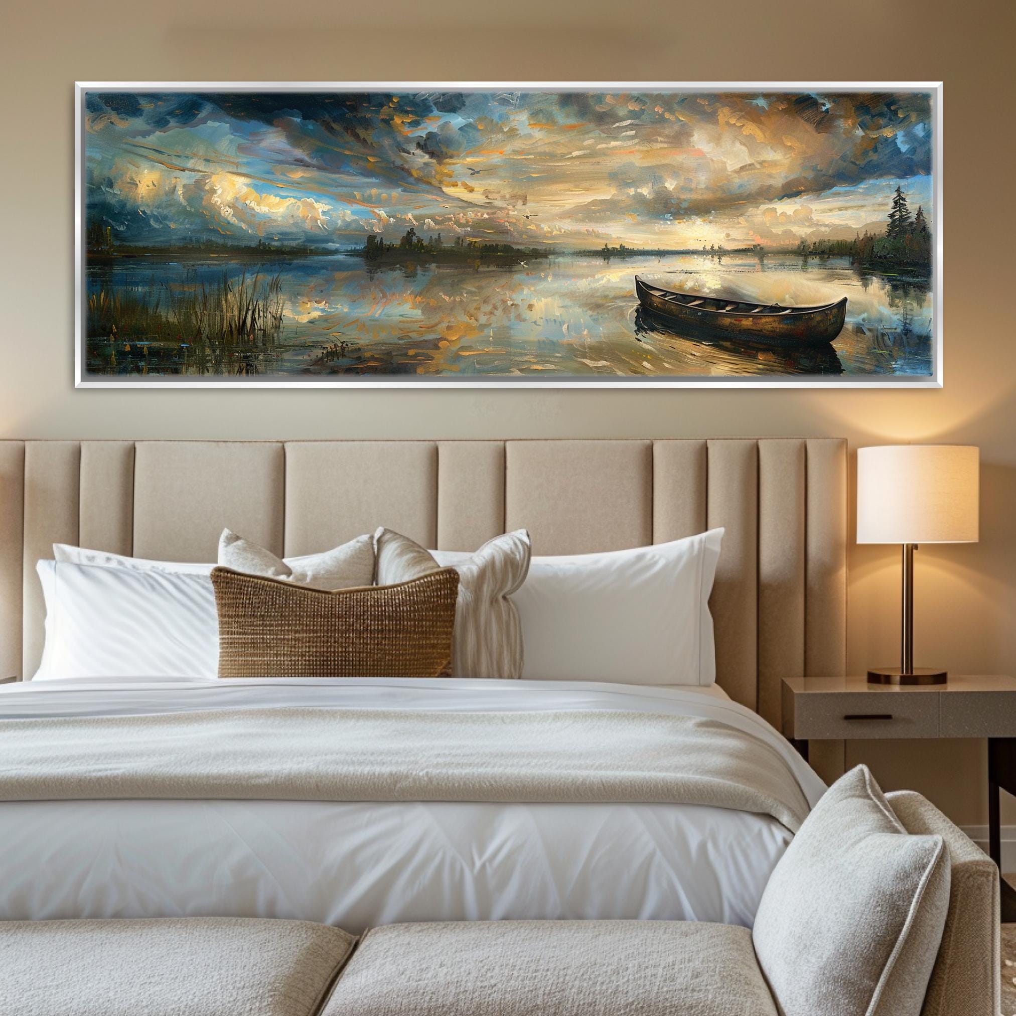 a bedroom with a large painting on the wall above the bed