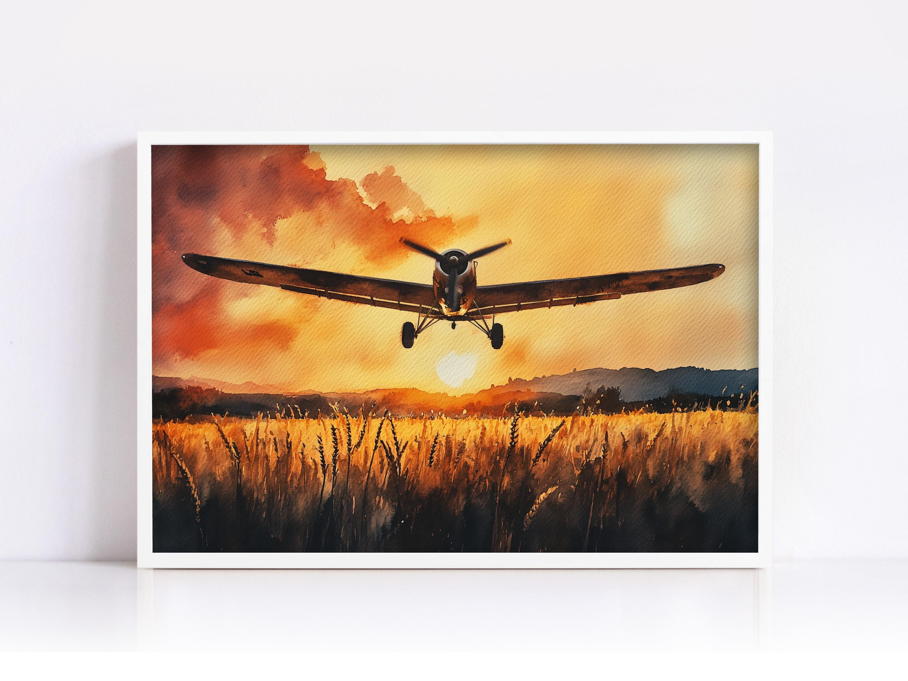 A vintage propeller plane is flying over a golden wheat field at sunset, creating a serene and picturesque scene.