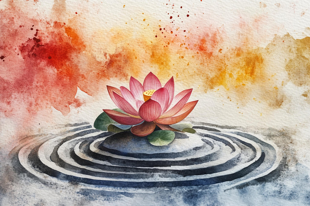 A watercolor painting depicting a pink lotus flower floating on a circular ripple in a pond, with splashes of red, orange, and yellow paint in the background.
