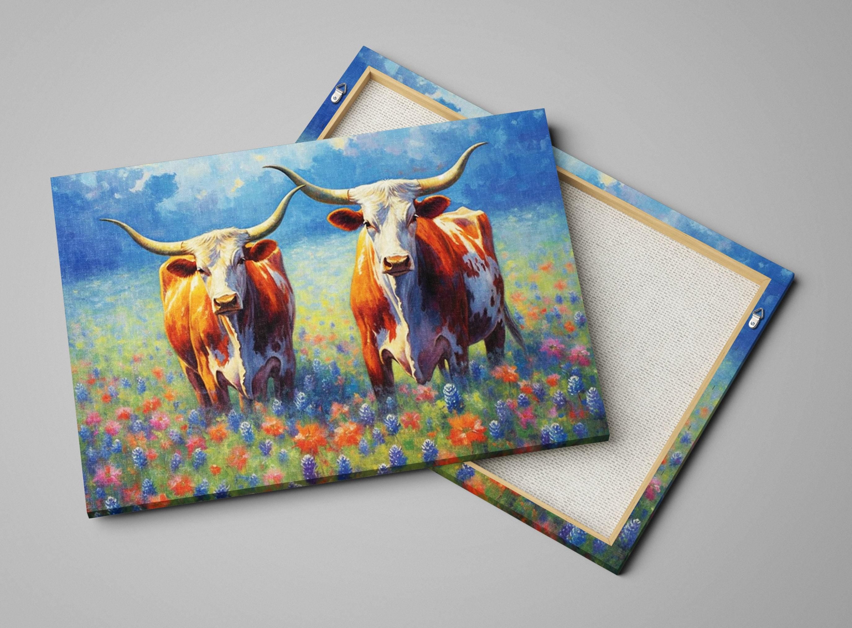 Texas Longhorn Canvas Art - Bluebonnet Painting | Large Western Wall Art Decor