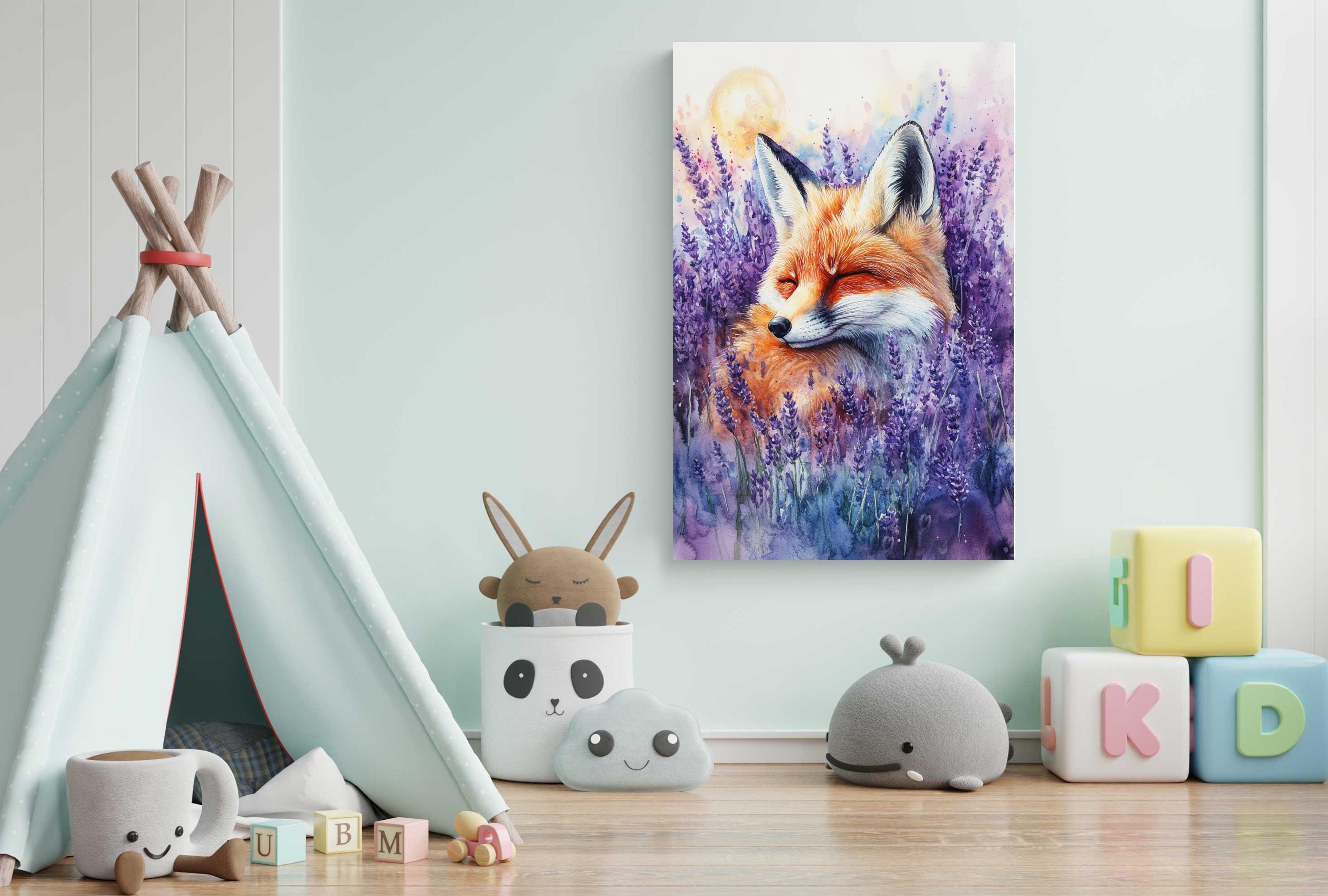 A colorful painting of a fox surrounded by purple flowers hangs on a light blue wall, with a teepee, stuffed animals, and alphabet blocks arranged around it.
