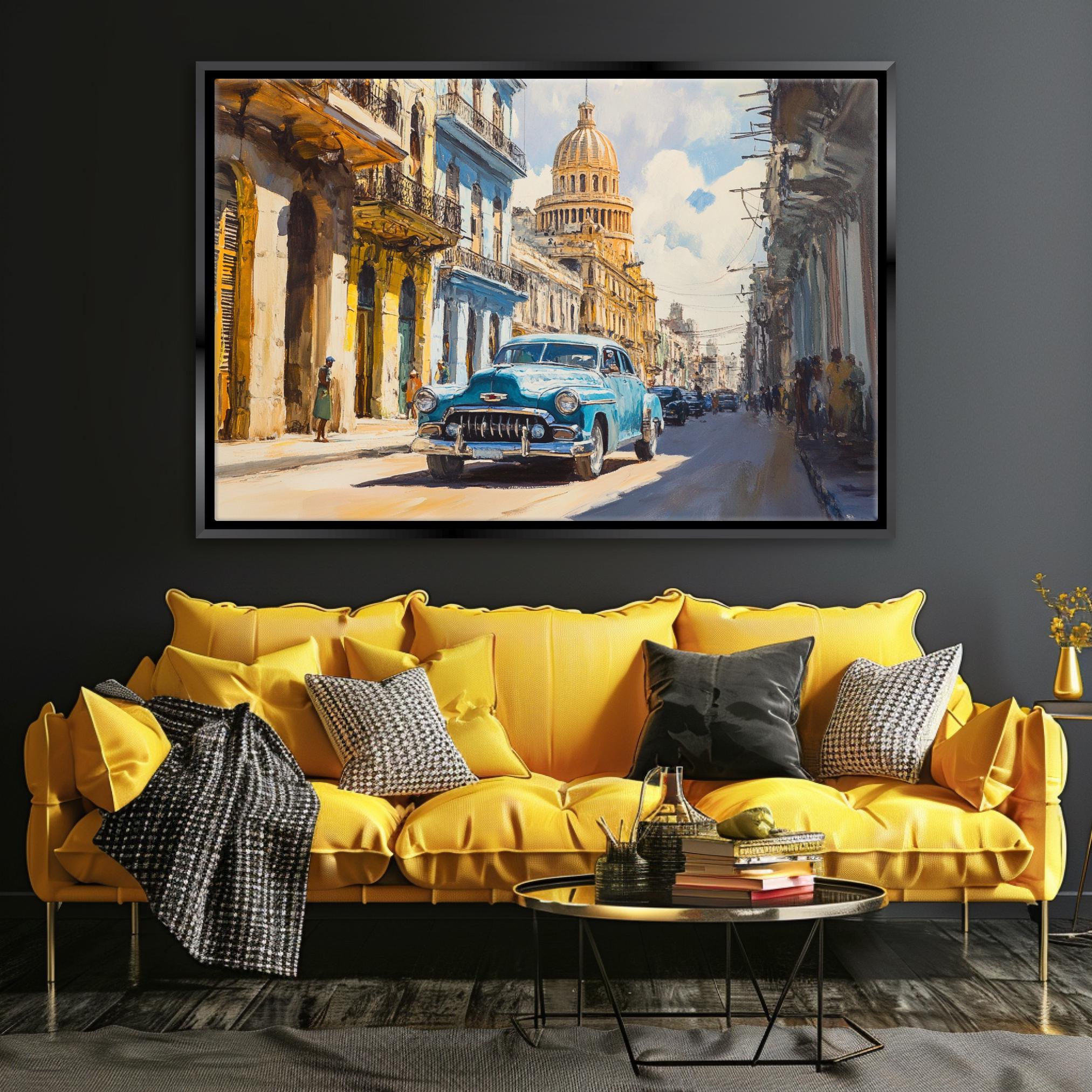 a living room with a couch and a painting on the wall