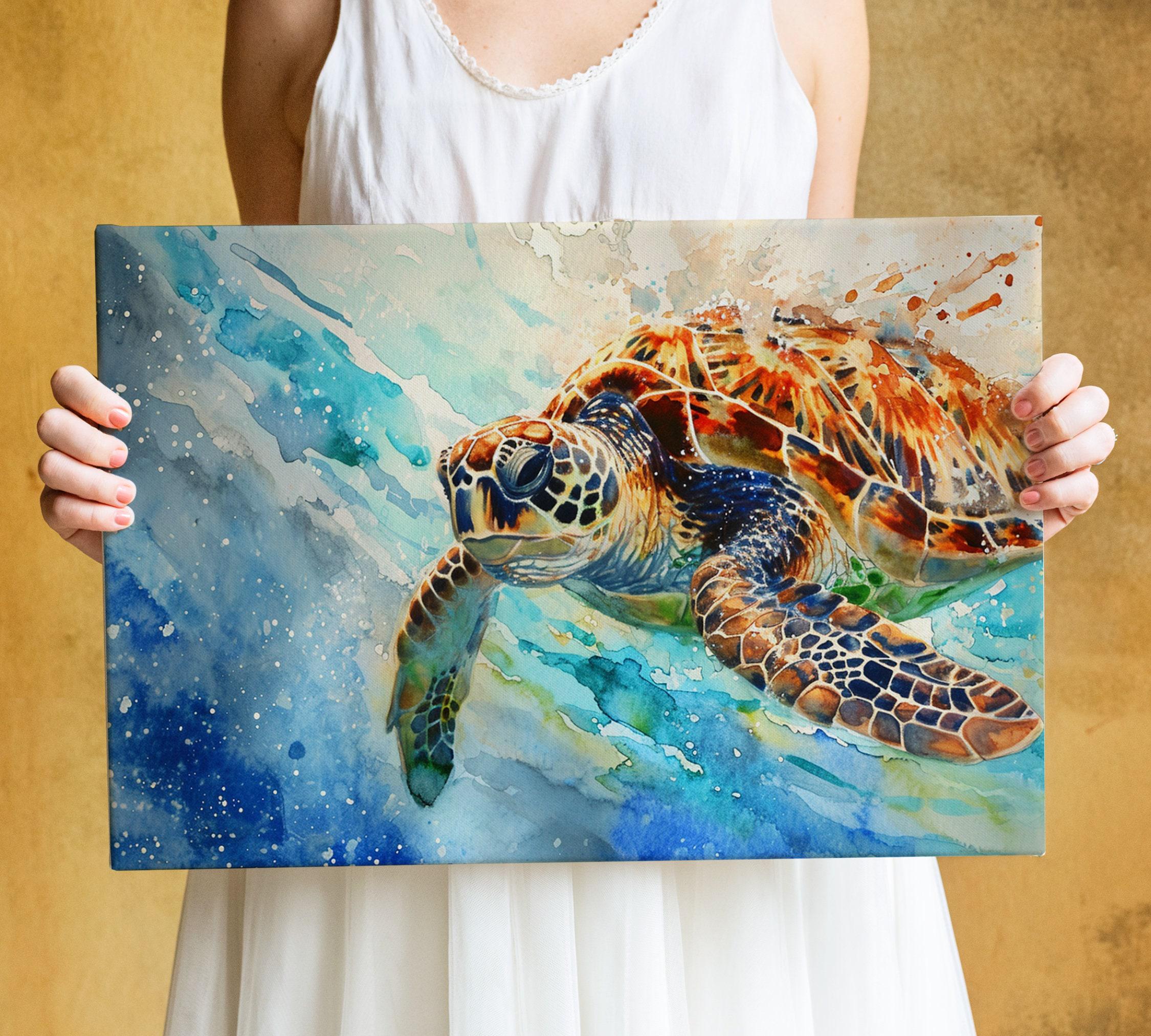 Vibrant Sea Turtle Watercolor – Oceanic Colors Wall Art, Print on Canvas, Artist Paper, Watercolor Paper, Available in Extra Large Sizes