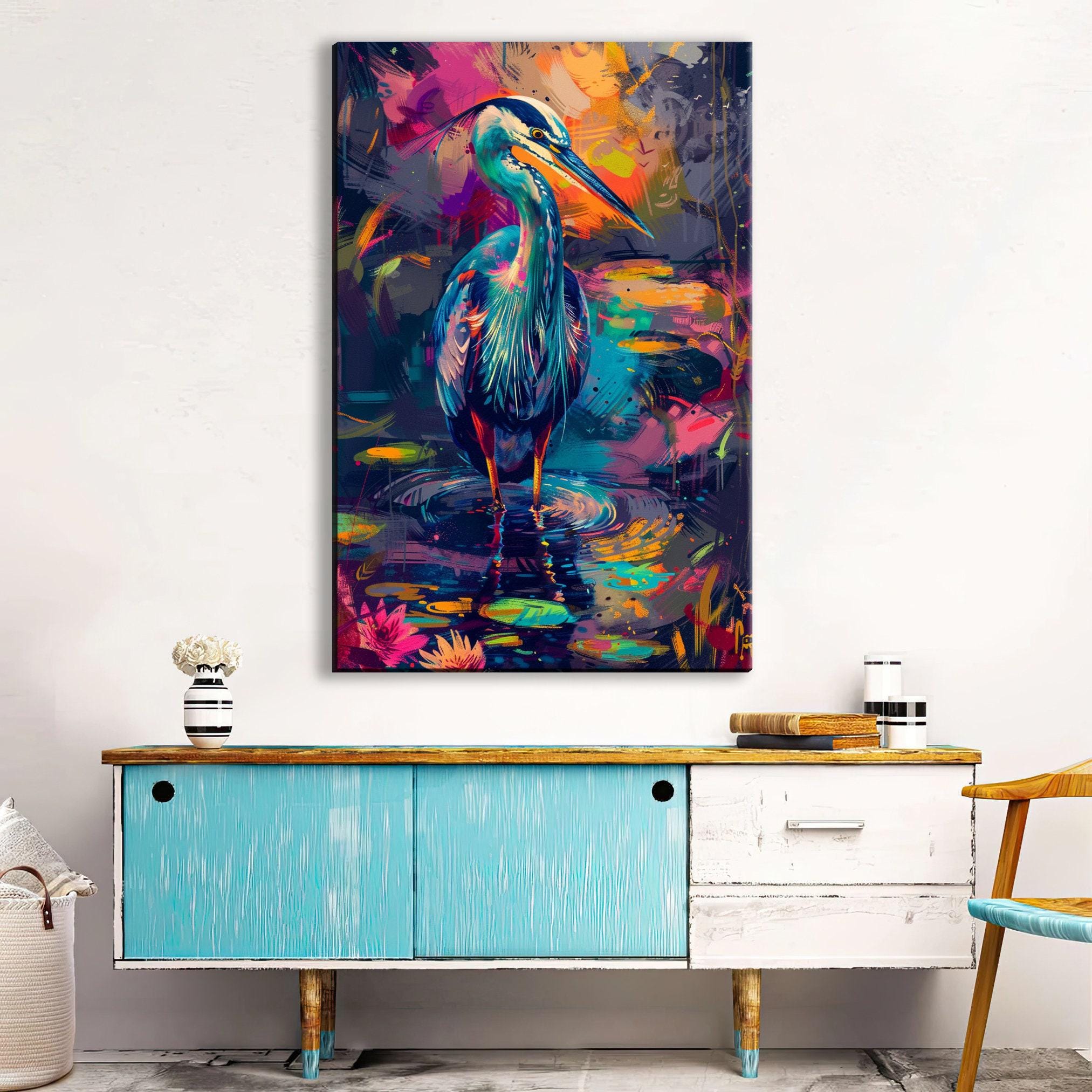 Blue Heron Canvas Art – Vibrant Wetlands Decor | Large Gallery Wrapped Canvas Print