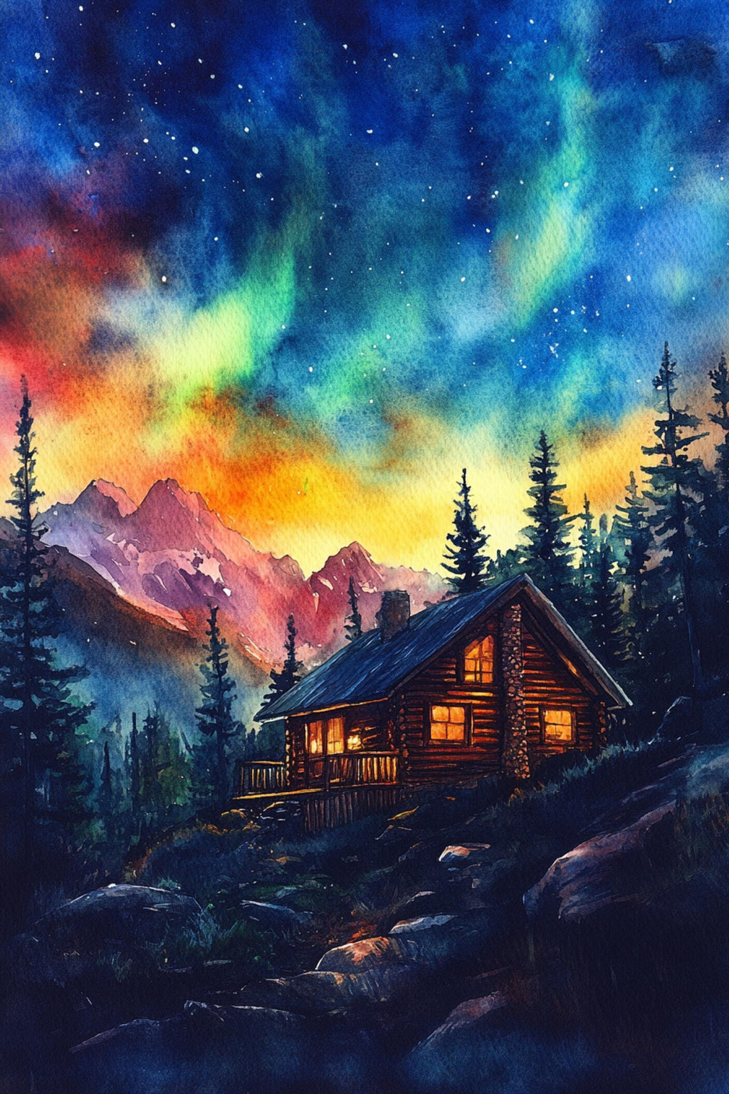 A cozy log cabin nestled in a mountainous landscape, with a starry night sky and vibrant colors in the background.