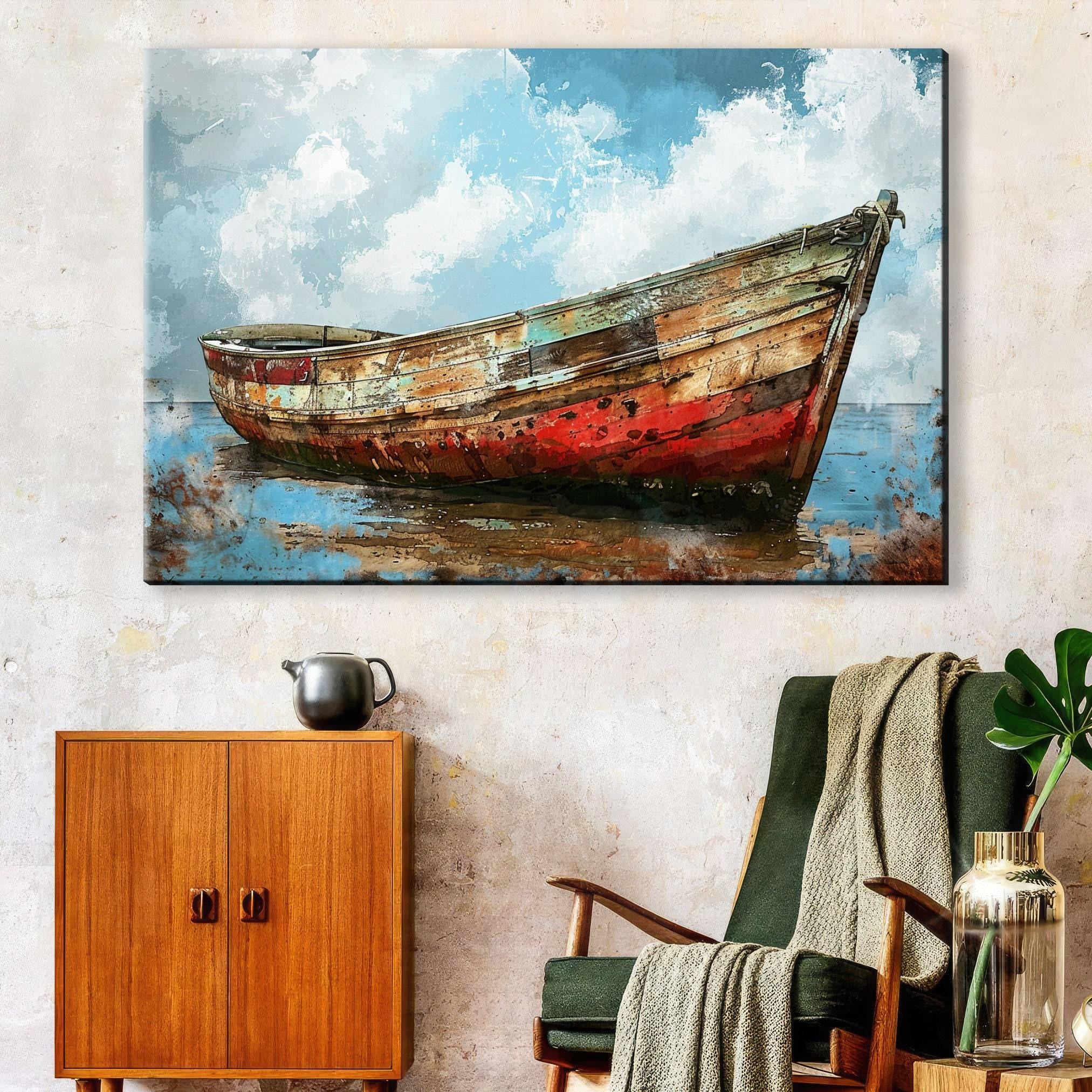 Coastal Boat Wall Art – Large Canvas Art | Old Red White Boat On Gallery Wrapped Canvas
