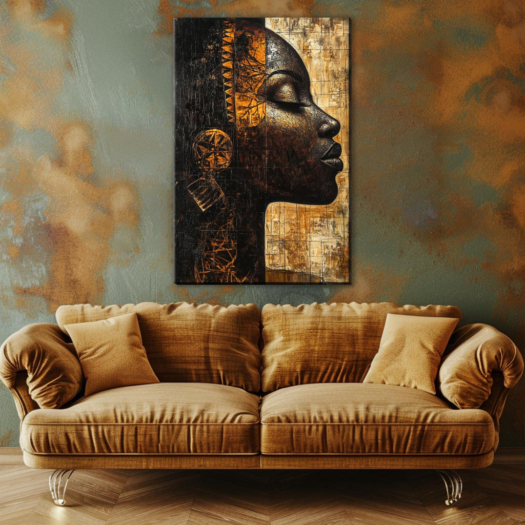 a couch in a room with a painting on the wall