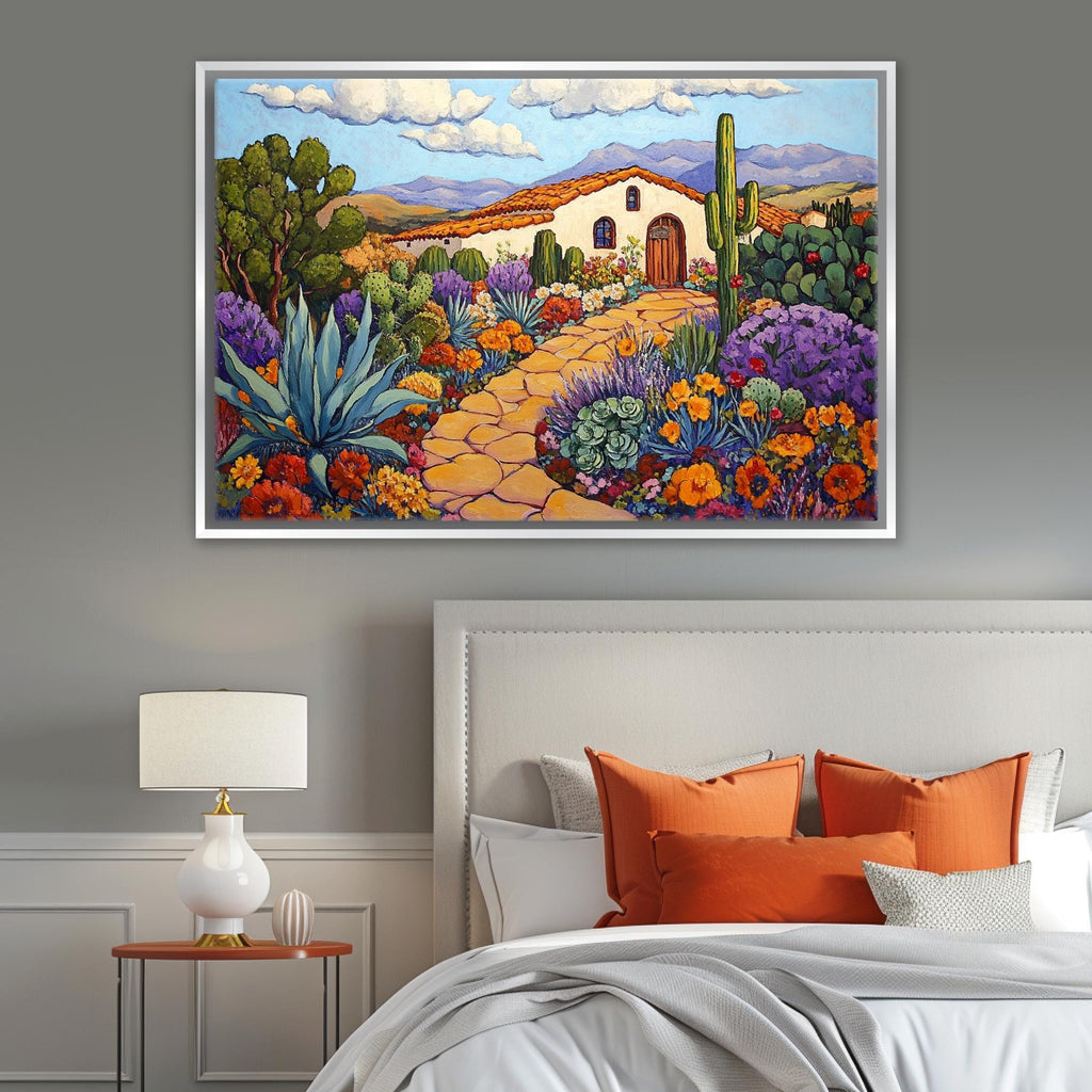 a bedroom with a bed and a painting on the wall