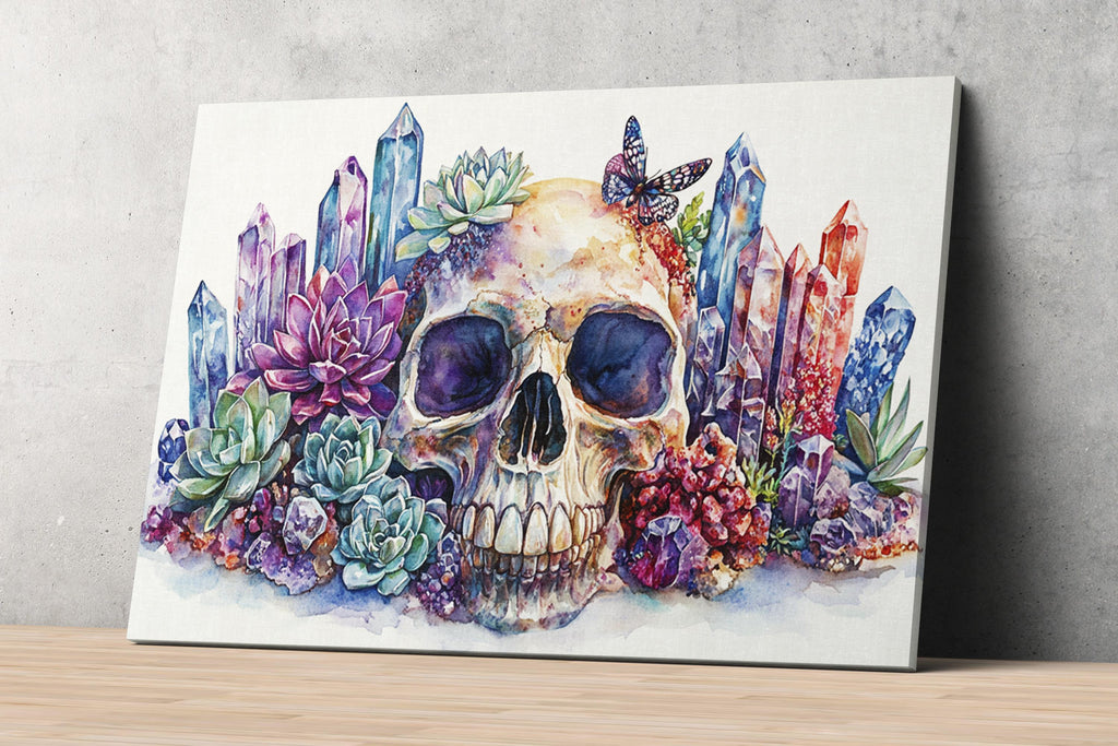 A watercolor painting depicting a skull surrounded by colorful crystals, succulents, and butterflies.