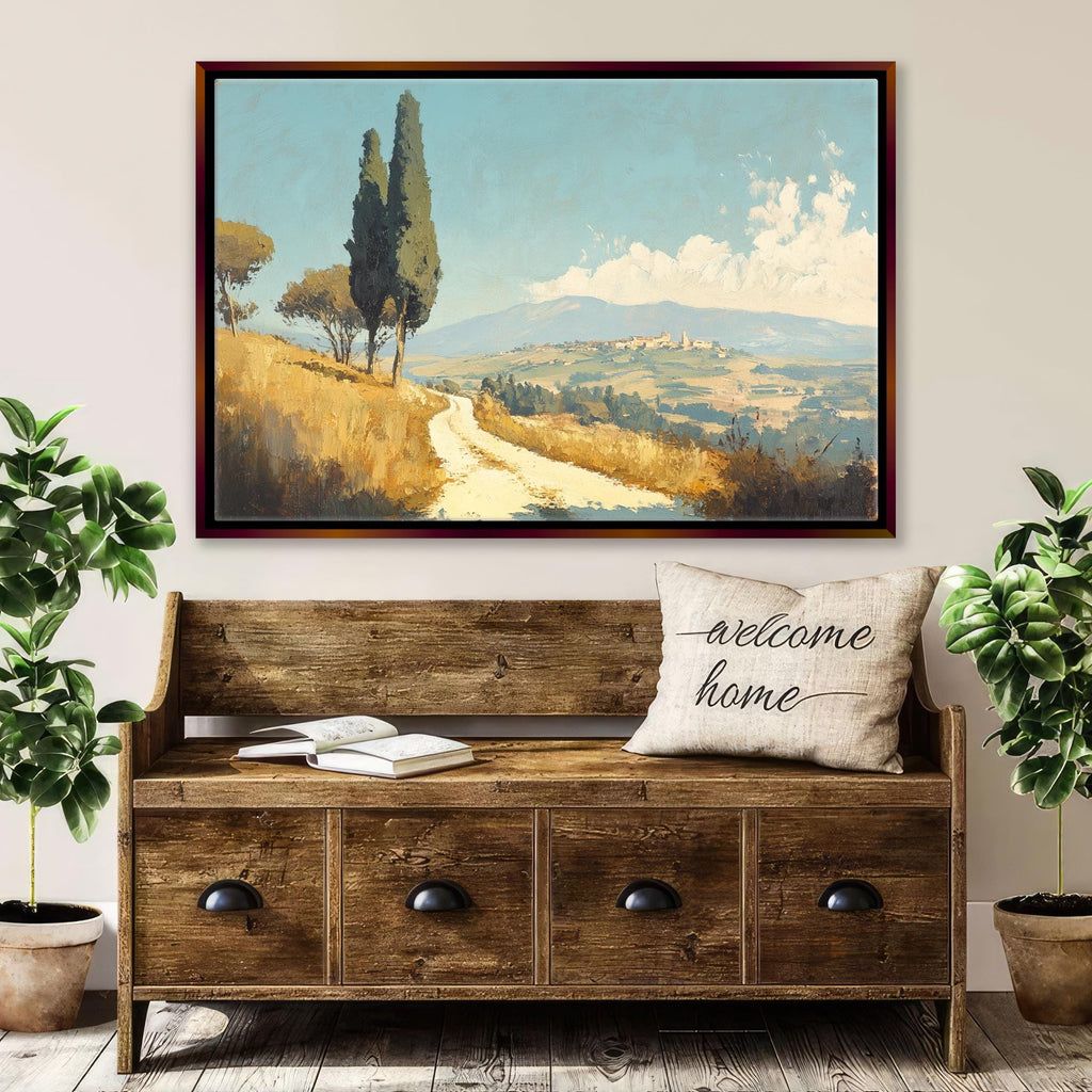 a painting hanging on a wall above a wooden bench