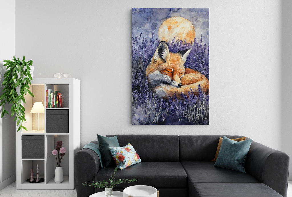 a cozy living room with a large painting of a sleeping fox in a field of purple flowers hanging on the wall above a black couch.