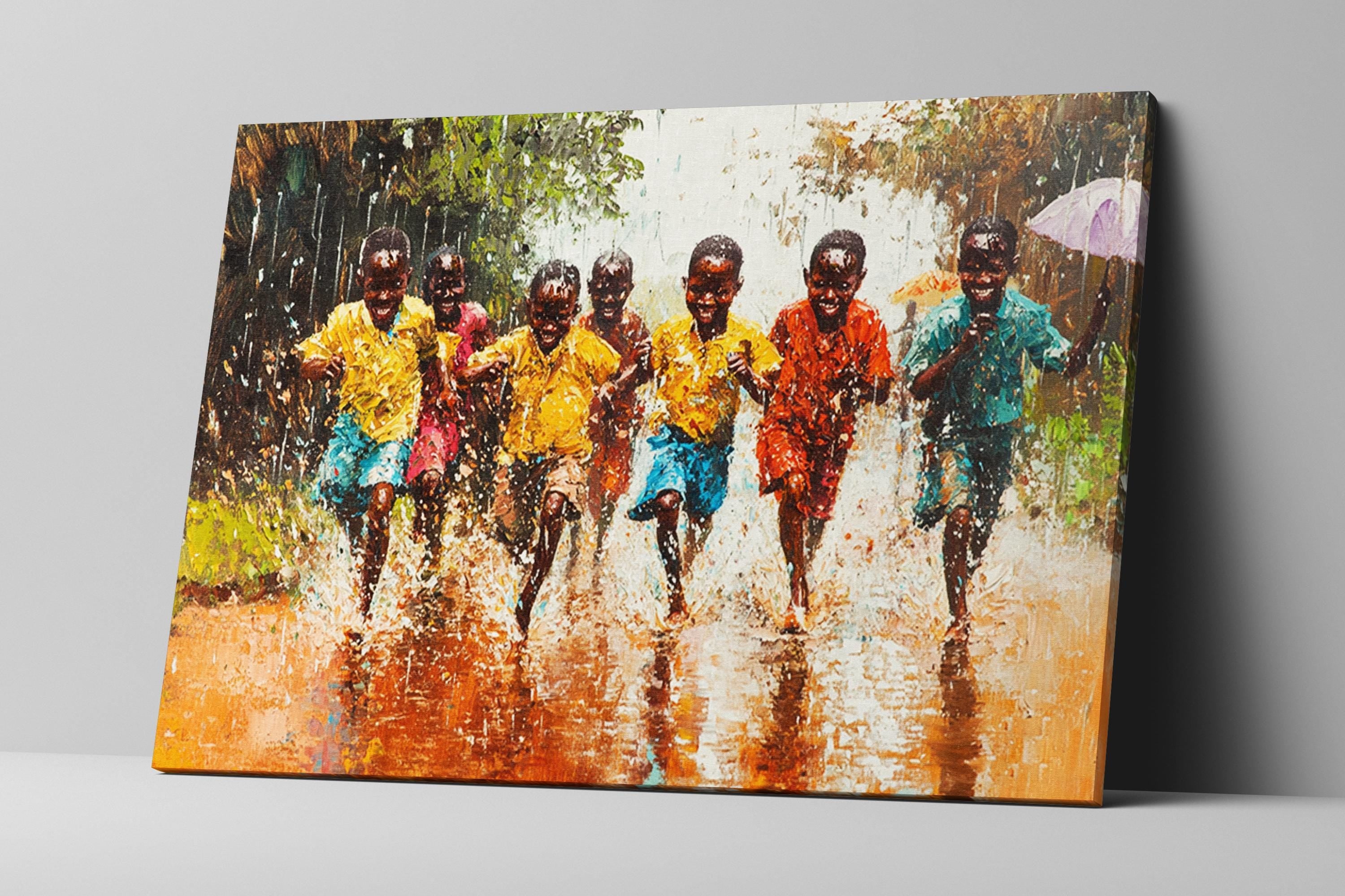 a painting of a group of people running in the rain
