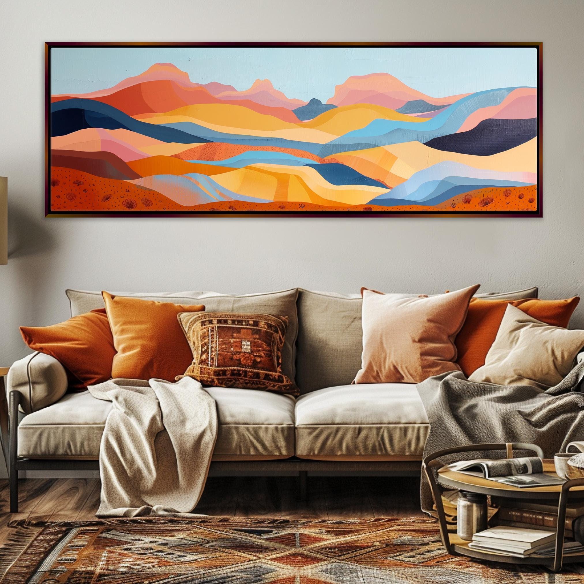Boho Southwest Wall Art – Panoramic Framed Canvas | Oversized Desert Mountain Painting